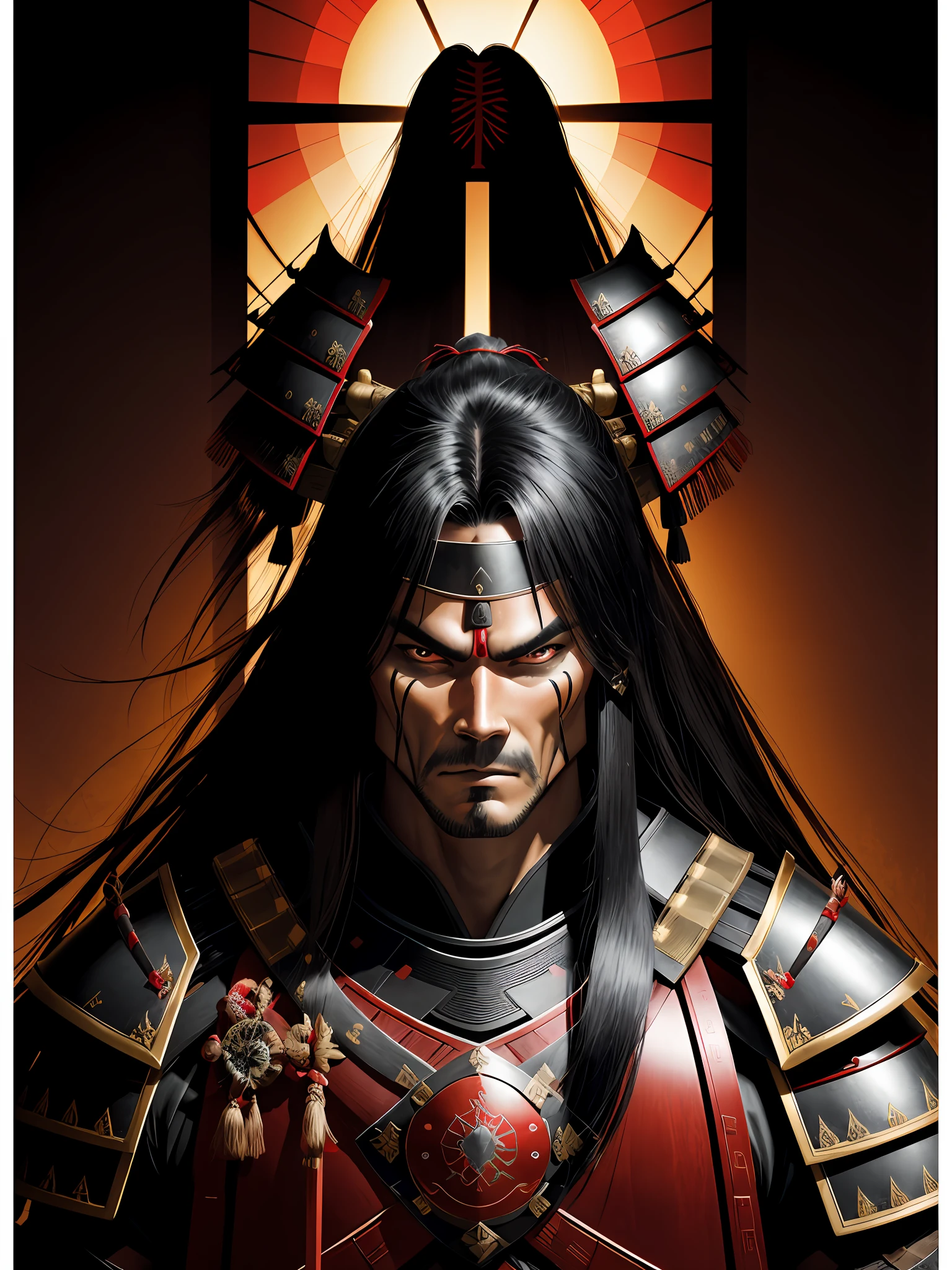 1 Warrior man in Japanese castle, wearing samurai armor, long straight hair, sinister look, drop shadow, halftone, vanishing point, diffraction spikes, f/1.8, Nikon, high detail, UHD, masterpiece, best quality, highres, 16k
