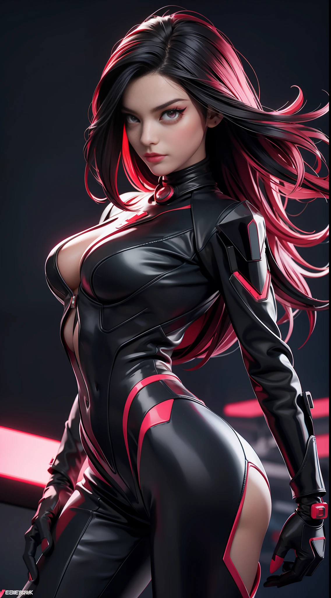 solo, super fine photo, portrait Unreal Engine 5 8K UHD of beautiful and cute girl, red and black color scheme tight cybernetic latex Spider Woman catsuit, cyberpunk face mask, cybernetic glove, futuristic design, magenta neon lights details, beautiful make up, luxurious, best quality, masterpiece, official art, unified 8k wallpaper, super detailed, sharp focus, dynamic pose, body parts