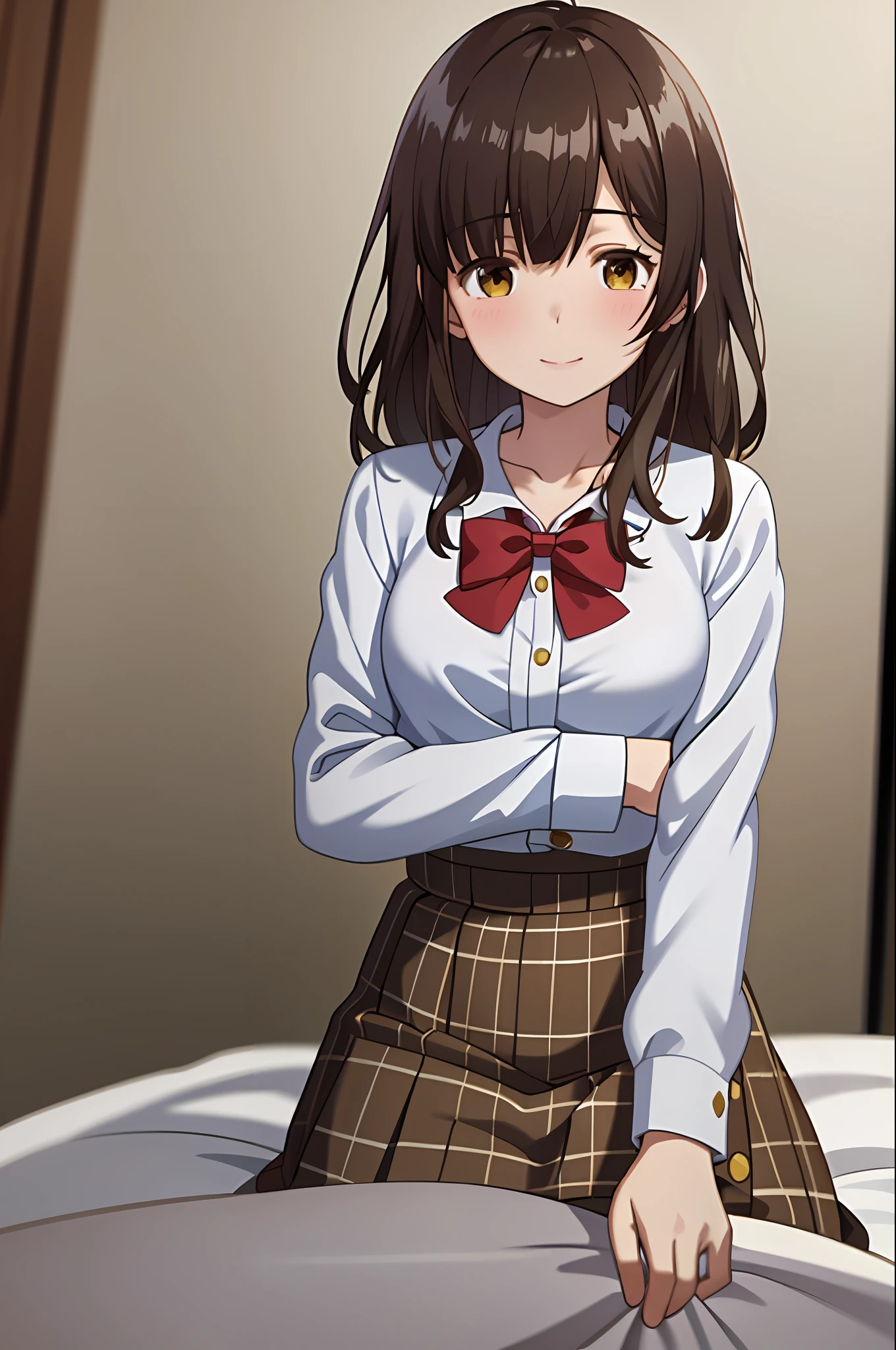 best quality, (masterpiece: 1.2), highly detailed, indoors, 
1girl, solo, ogiwara sayu,
looking at the viewer, medium breasts, smile, mouth closed, hand on his own chest, unbuttoning blouse, blush, sitting on his knees on the bed,
brown eyes, brown hair, long hair, white shirt, plaid skirt, collarbone, neckline, bow tie