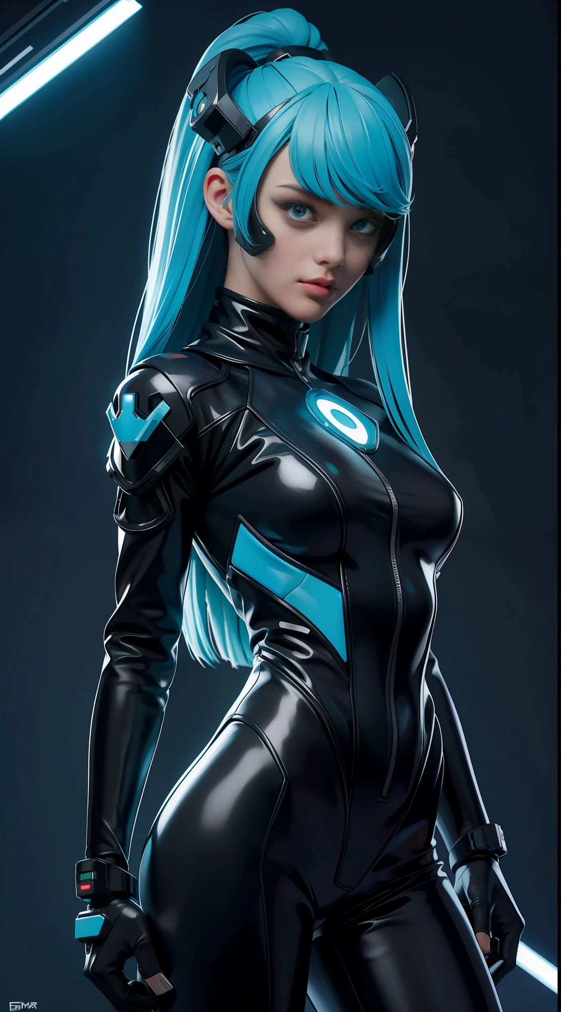 solo, super fine photo, portrait Unreal Engine 5 8K UHD of beautiful and cute girl, cyan and black color scheme tight cybernetic latex catsuit, cyberpunk face mask, cybernetic glove, futuristic design, navy neon lights details, beautiful make up, luxurious, best quality, masterpiece, official art, unified 8k wallpaper, super detailed, sharp focus, dynamic pose, body parts