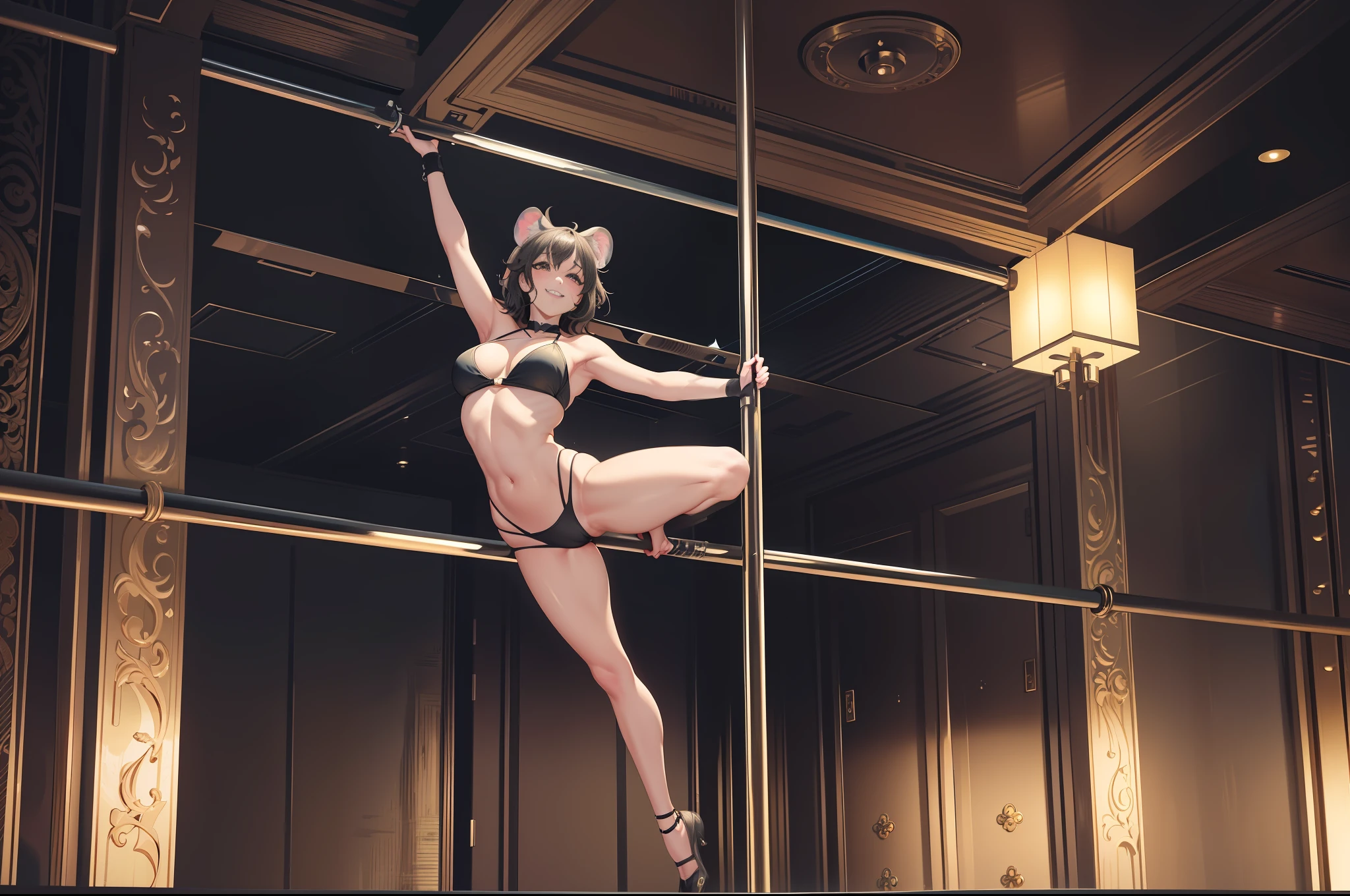 pole dancer, pole dancing, show pub, scene straddling poles, ((Kemono ear:1.2)), midchest, smile, blush,(Perfect body:1.1)(Short wavy hair:1.2)Full body shot,(Very elaborate CG 8K wallpaper),(Very delicate and beautiful)(Masterpiece)(Best Quality):1.0)(Ultra High Definition:1.0),[High Definition], Detailed skins, super detailed ((colorful)),