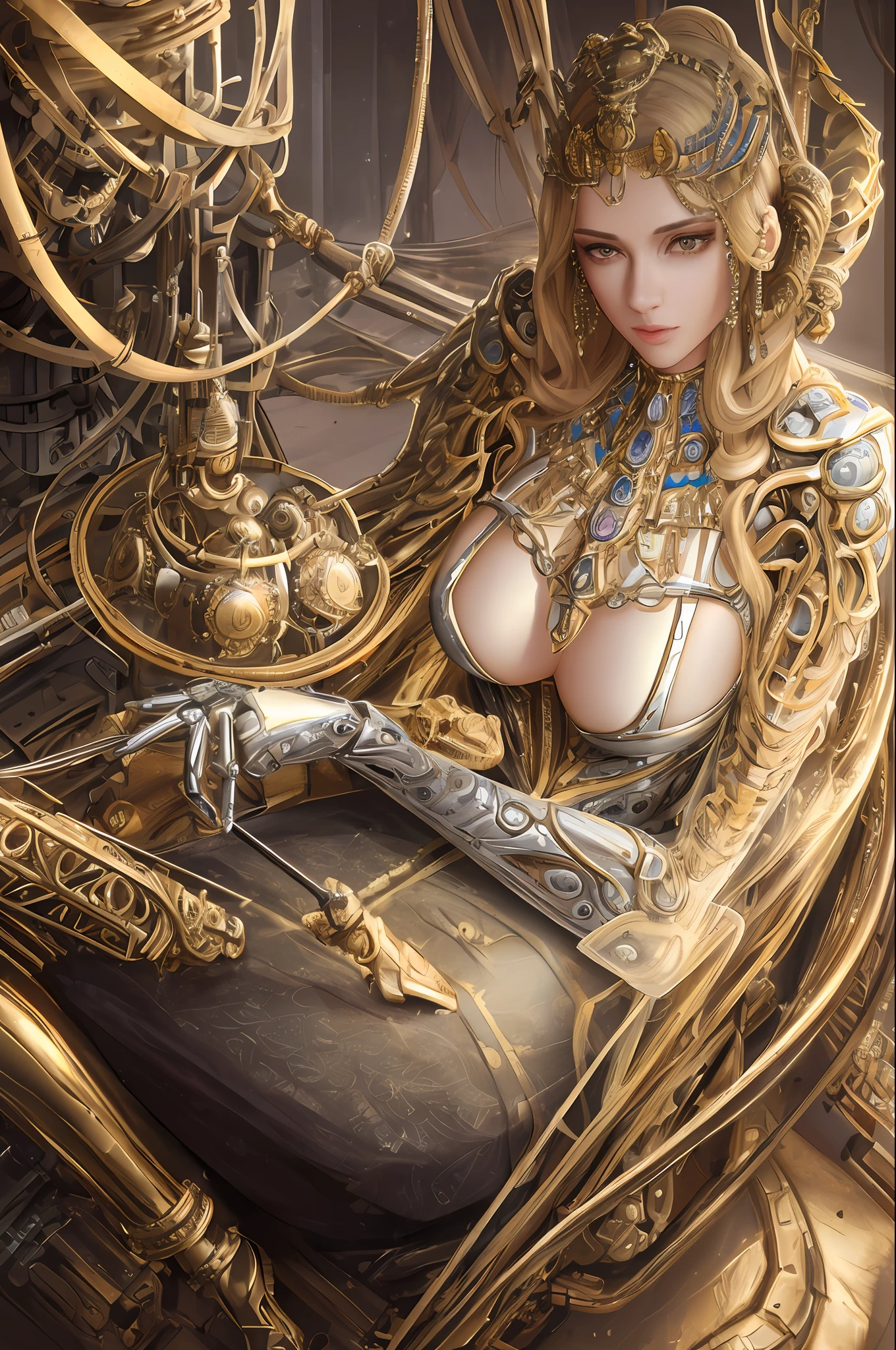 1 beautiful woman, blonde, mechanical, (((ultra realistic details)), portrait, global lighting, shadows, octane render, 8k, ultra sharp, metal, intricate, detailed ornaments, cool colors, egyptian detail, highly intricate details, realistic light, trend in cgsociety, bright eyes, front camera, neon details, mechanical limbs, blood vessels connected to tubes, mechanical vertebra attaching to the back, mechanical cervial attaching to the neck, sitting, wires and cables connecting to the head