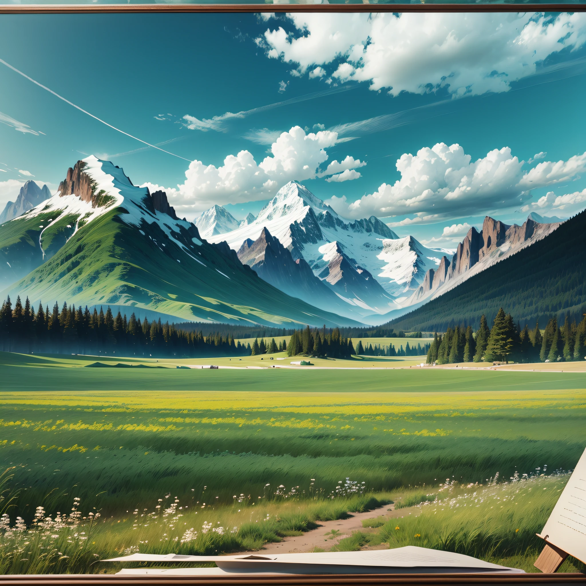 Green meadow, prairie, real, many details, (mountains in the distance), (emerald green peaks), (blue sky and white clouds), poster, --auto --s2