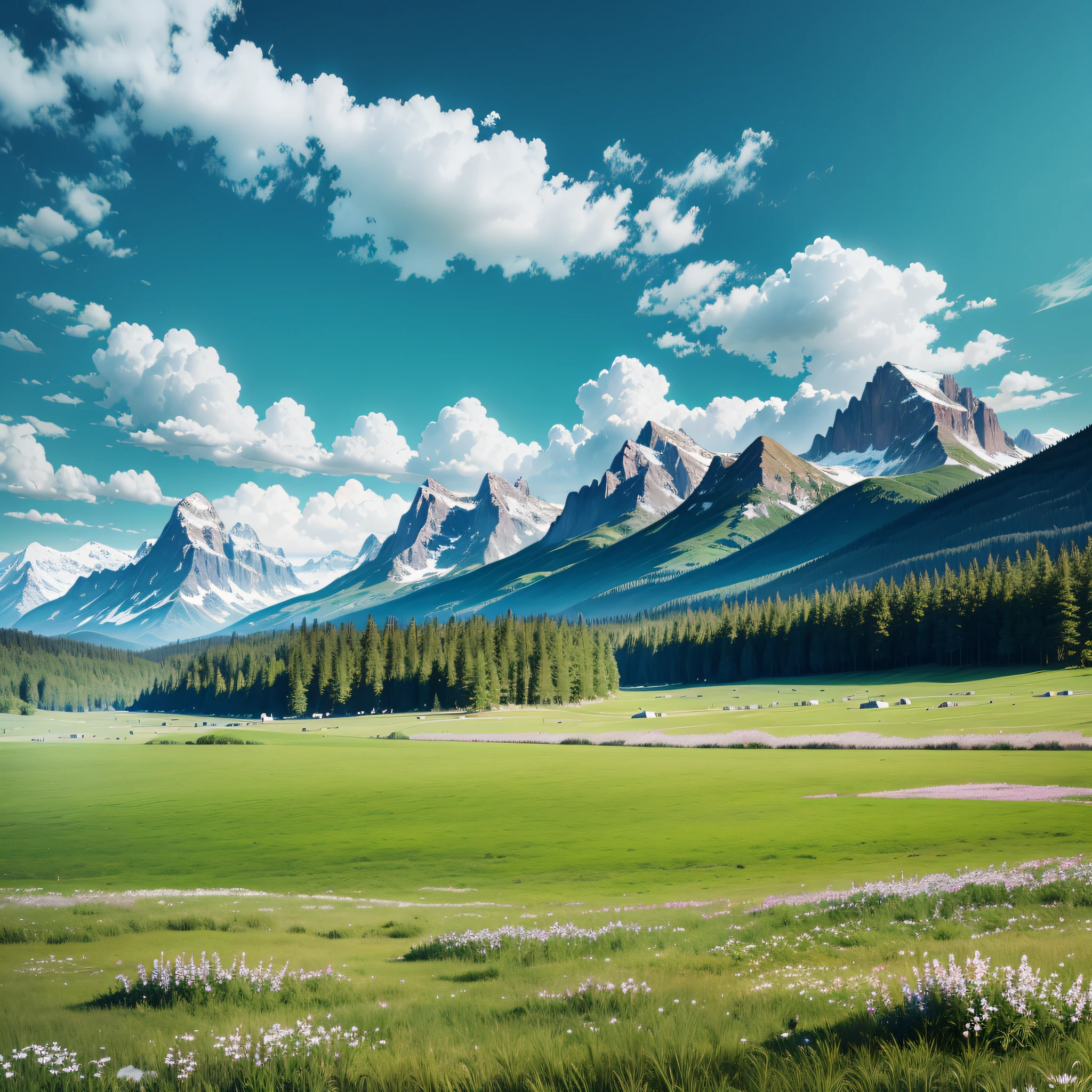 Green meadow, prairie, real, many details, (mountains in the distance), (emerald green peaks), (blue sky and white clouds), poster, --auto --s2