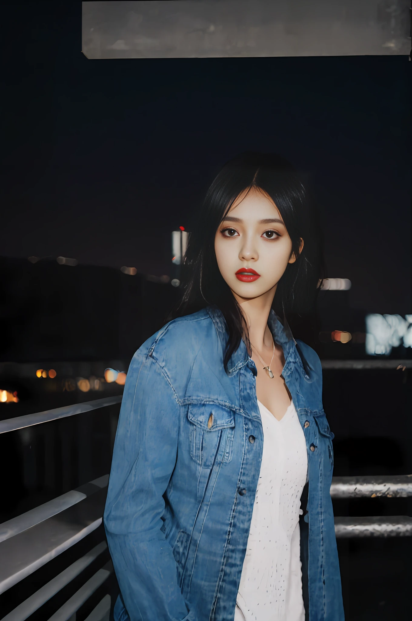 (1girl), fashion clothing, fitted jeans and oversized jackets, trendy accessories, natural skin tones and confident expressions, standing on a high-rise balcony in a cityscape background, with dynamic composition and engaging poses, with soft lighting and shallow depth of field, turning city lights into bokeh, presenting an ultra-realistic picture with clear details, capturing with a 50mm lens, cool light and a naturally blurred background, making the eye look at the lens (the eye needs to be strengthened in the details, it is too blurry), The makeup is lighter but the red color of the lips needs to be adjusted to make it more natural.