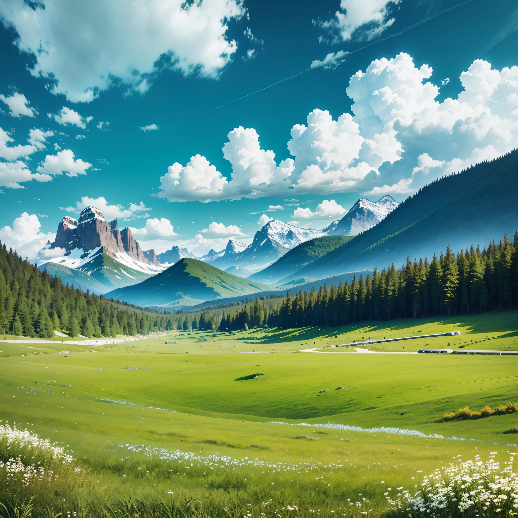 Green meadow, prairie, real, many details, (mountains in the distance), (emerald green peaks), (blue sky and white clouds), poster, --auto --s2