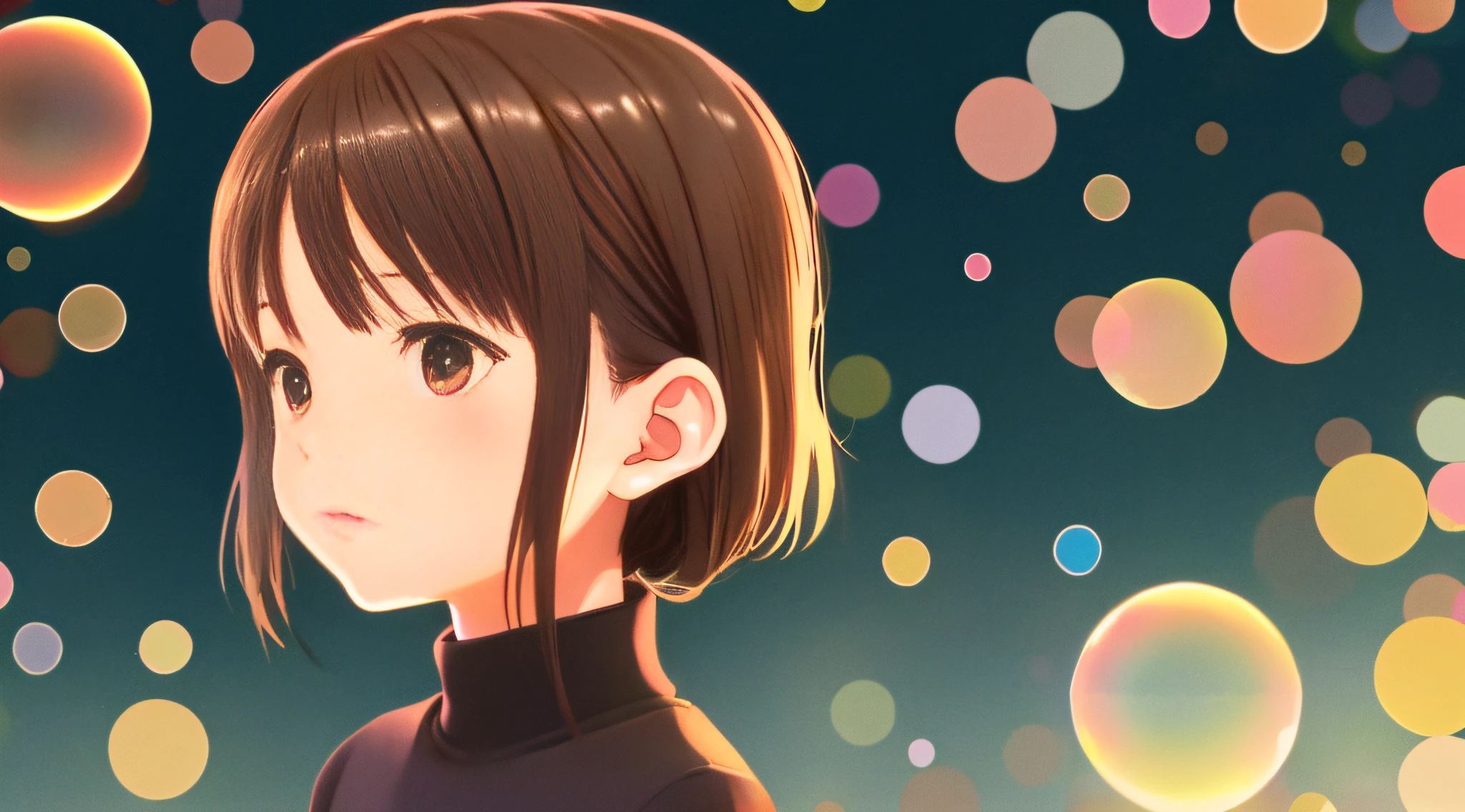 Detailed illustration in anime style, very cute 2 year old toddler girl, solo, very short brown hair, perfect round gray eyes, black turtleneck, surrounded by many large and small various perfectly round soap bubbles, very dark fantastic background, fantastic lighting, dramatic backlighting, Makoto Shinkai anime style