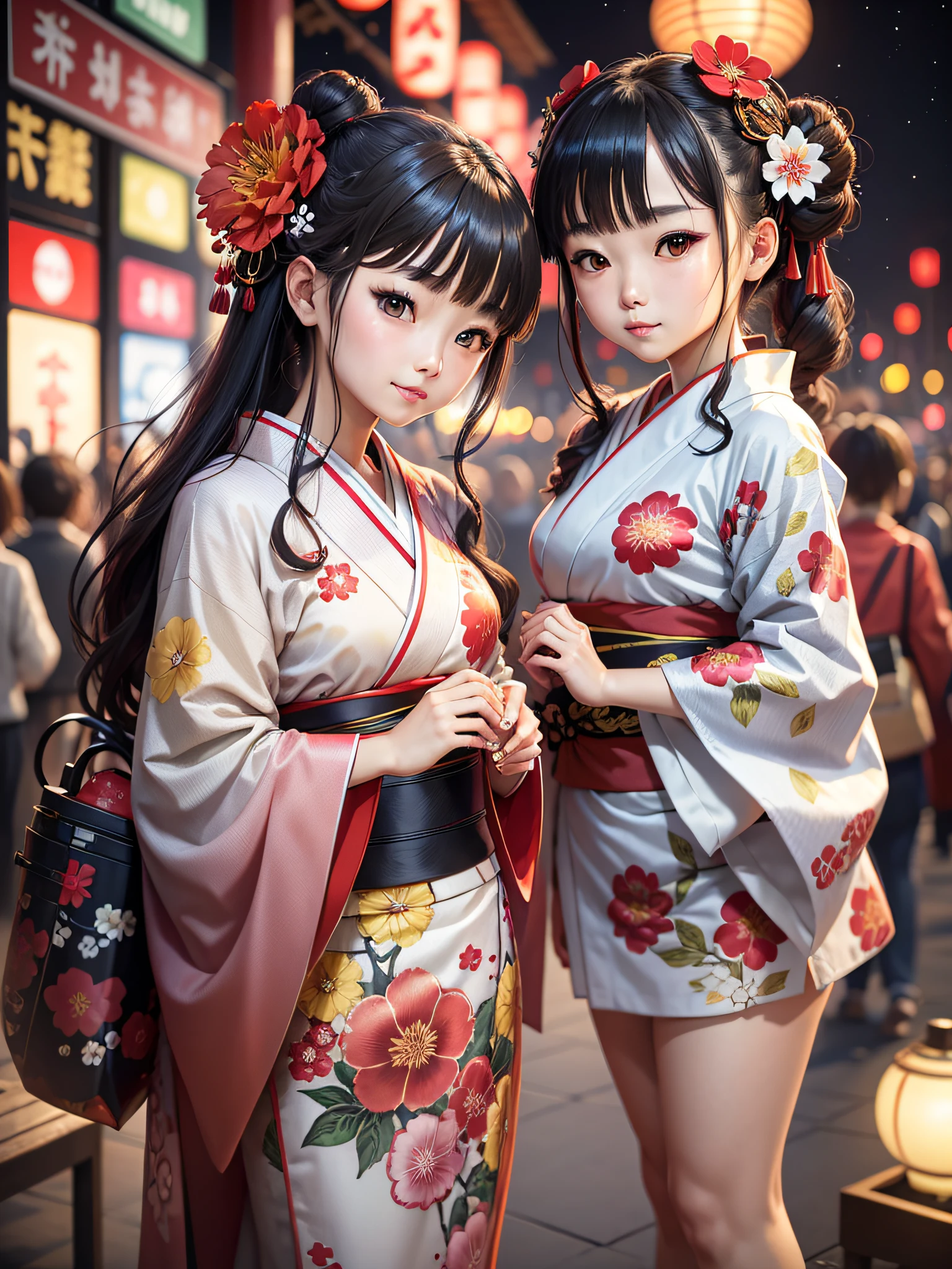 masterpiece, Best quality, Two girls, Full body, Fireworks, Japanese clothing, Kimono, Candy apple, Solo, Hair ornament, Watch beholder, Night, Geta, Hair flower, White legs, Smile, Food, Aerial fireworks, Bangs, Yukata, Sky, Turnover, Outdoors, Closed mouth, Night sky, Sash, Festival, Obi , Side lock, Printed kimono, Dull bangs, Wide sleeves, Red flowers, Long hair, Long sleeves, Hair bun, Summer festival, expressionless, lego