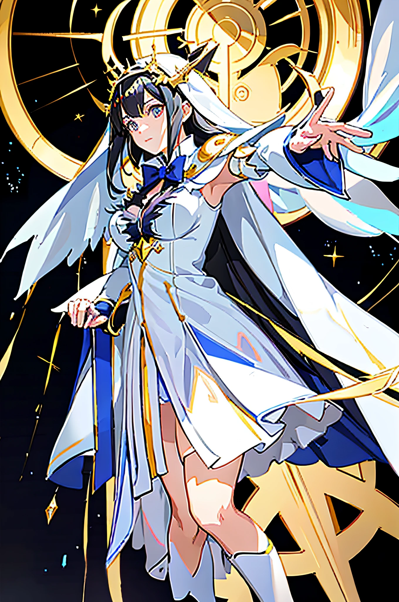 anime girl in white dress with cape and gold belt waving, hestia, anime visual of a cute girl, albedo from the anime overlord, dressed like a cleric, albedo from overlord, anime goddess, black - haired mage, cute anime waifu in a nice dress, anime moe artstyle, cleric, official artwork, azur lane style