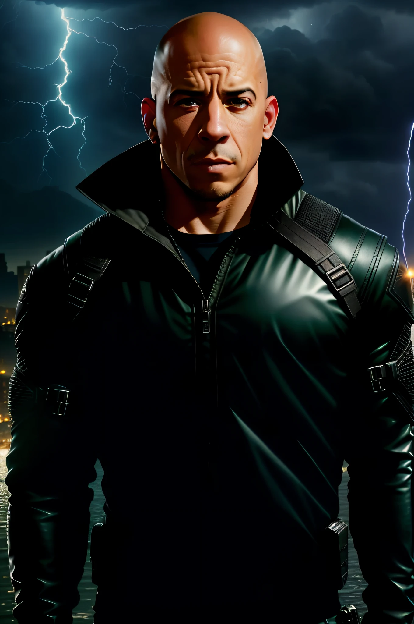 (sharp focus:1.2), an award-winning photo of Vin Diesel, water drops, storm outside, lightning backlighting,, bleary eyes, (deep shadows:1.1), high contrast, beautiful eyes, absurd, 8k, (high quality: 1.3), , artstation hd, concept art, detailed face and body, award-winning photography, (grumpy lighting:1.2), depth of field, bokeh, 4K, HDR