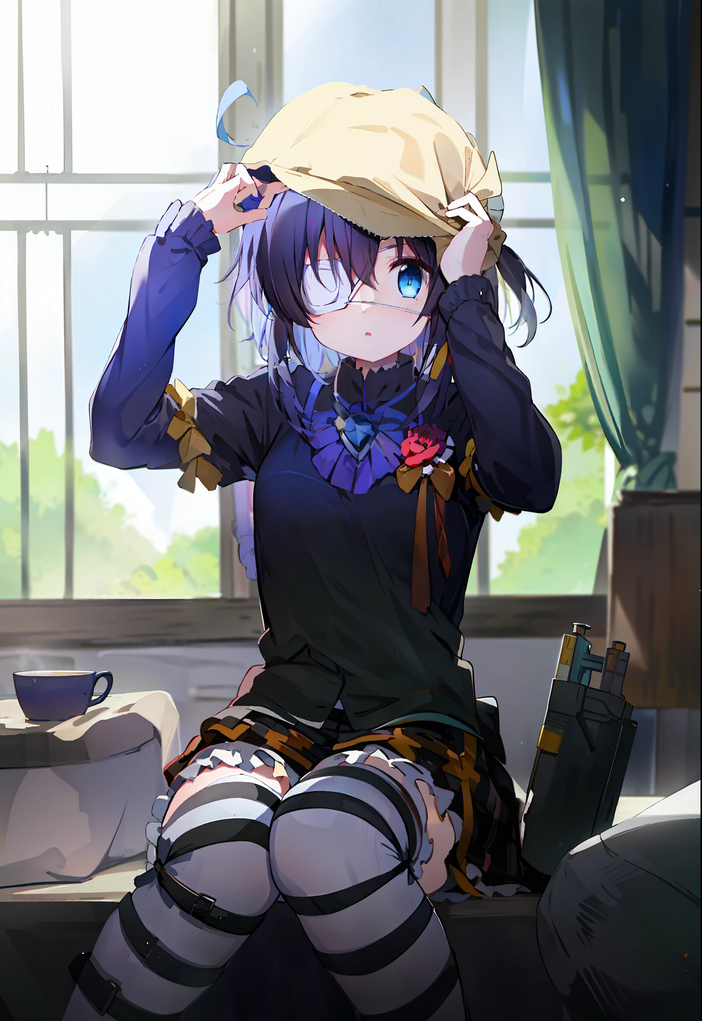 high res, masterpiece,Rikka Takanashi, black hair, solo, 1girl,outside,deatailed background, detailed eyes, ((blue eyes)), eyepatch