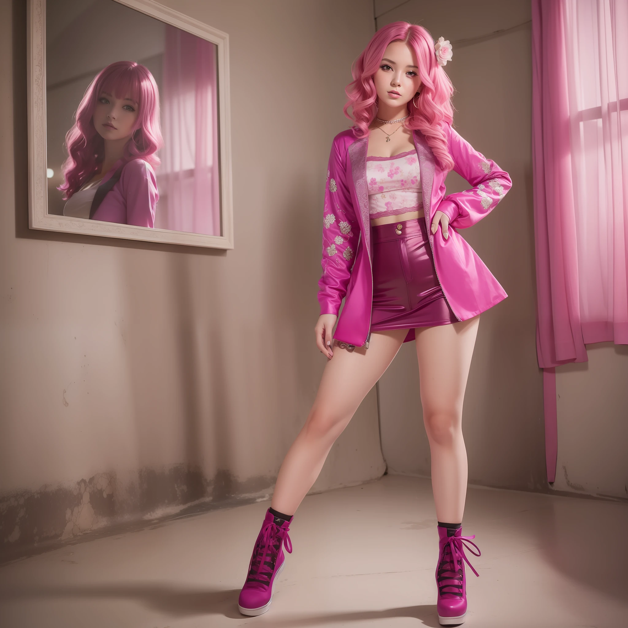 Portrait of a pretty young woman with magenta-lite pink hair, full body, film grain, high quality, studio shoot, Nikon D850,