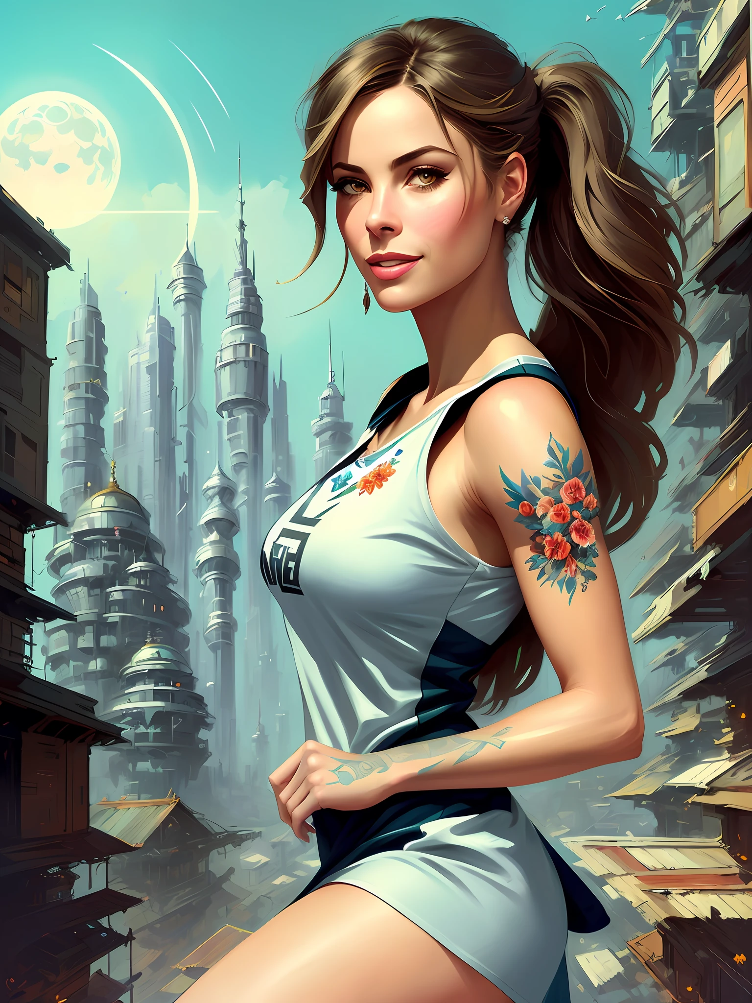 wite skin, (tomboy running on the moon in low gravity), big eyes, cheeky smile, medium chest, space, view of planet earth and orbital staton, black hair, pigtail
beautiful face, (detailed skin, skin texture), (muscle), burning asteroids fall, ussr style,
professional majestic oil painting by Ed Blinkey, Atey Ghailan, Studio Ghibli, by Jeremy Mann, Greg Manchess, Antonio Moro, trending on ArtStation, trending on CGSociety,
intricately detailed, fine details, hyperdetailed, raytracing, subsurface scattering, diffused soft lighting, shallow depth of field, by (Oliver Wetter)::  comix style ryuko hikari ::2.9   style ::2.0 comix illustration style ,digital illustration of beautiful female character in toh-yasu drawing style illustrator, anime style, body with futuristic tribal tattoo style designs in dragon shape, serious face and ultra detailed artwork, graffiti style destroyed city scenery with camera focus, (beautiful and clear background:1.2),,((sofía vergara  beautiful woman )), ( detailed eyes and detailed face:1.3), (t-shirt or dress:1.3), (beautiful and clear background:1.2), (extremely detailed, ultra-detailed, best shadow:1.1),bare shoulders, flowers and petals,  , (white background:0.5), (illustration :1.1), (extremely fine and beautiful girl:1.1), (perfect details:1.1)