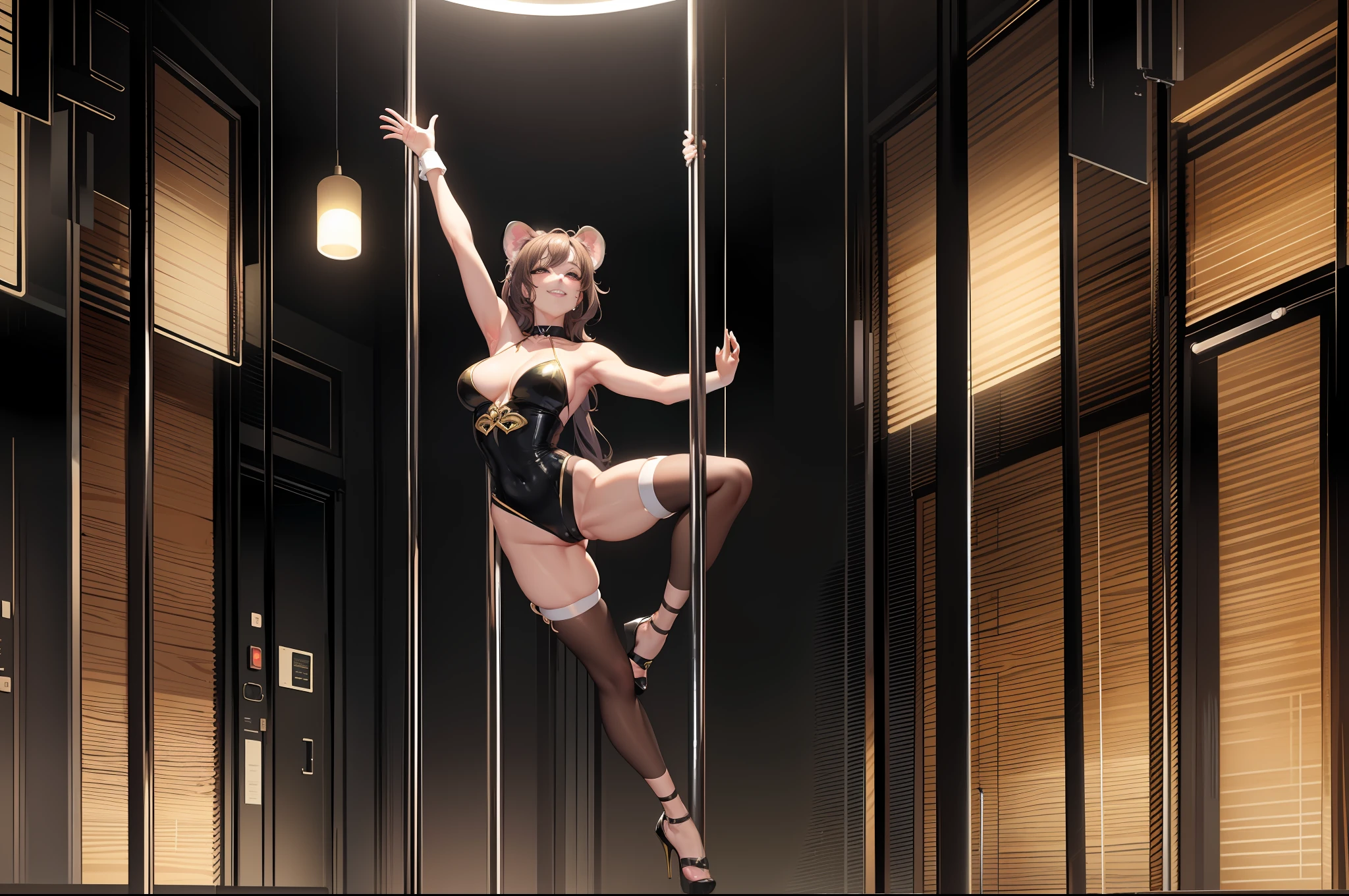 pole dancer, pole dancing, show pub, scene straddling poles, ((Kemono ear:1.2)), midchest, smile, blush,(Perfect body:1.1)(Short wavy hair:1.2)Full body shot,(Very elaborate CG 8K wallpaper),(Very delicate and beautiful)(Masterpiece)(Best Quality):1.0)(Ultra High Definition:1.0),[High Definition], Detailed skins, super detailed ((colorful)),