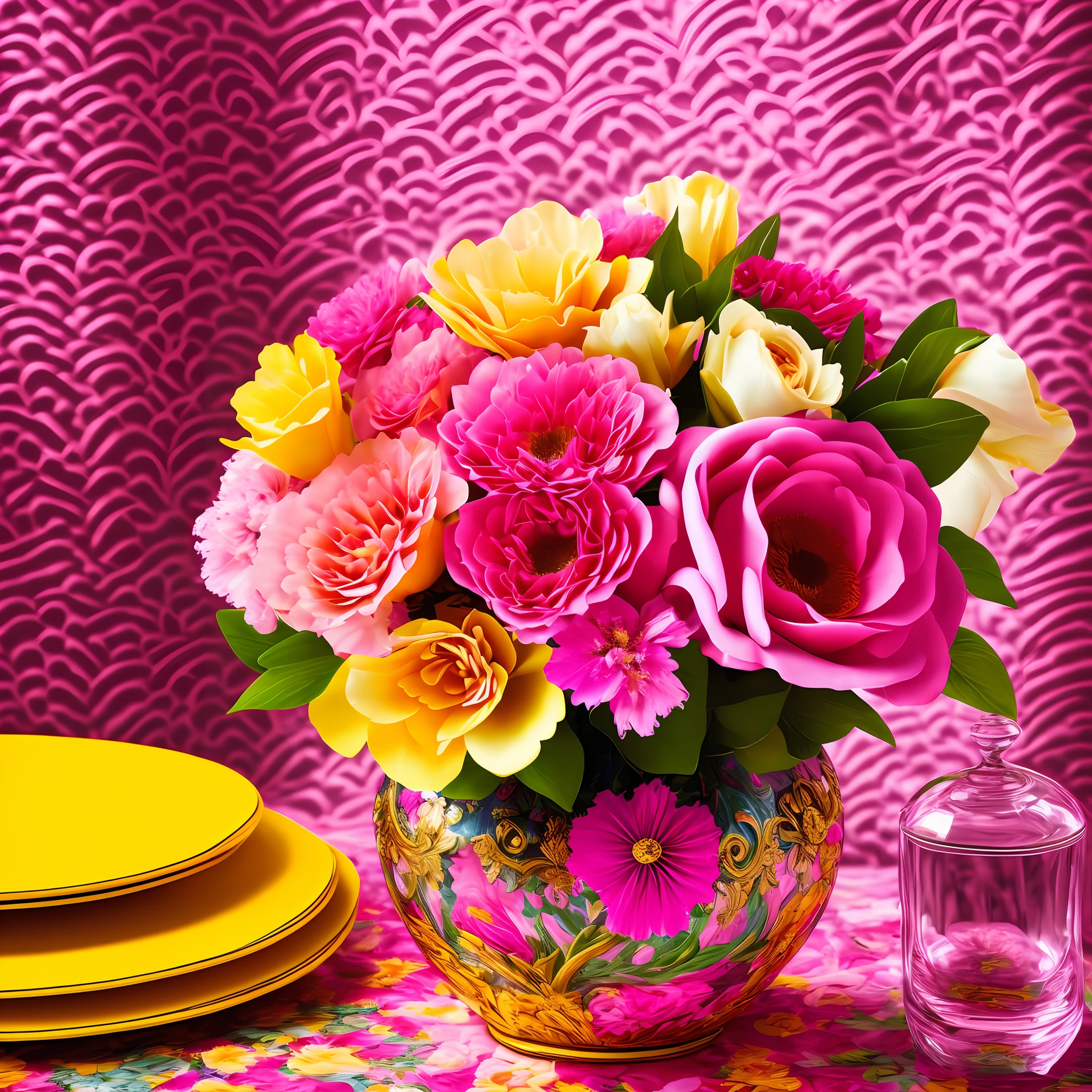 (Floral Art Association + Baroque), (pink + yellow) vase on the table, flowers, meticulous, dreamy, Baroque elements, neon light, extreme. --auto --s2