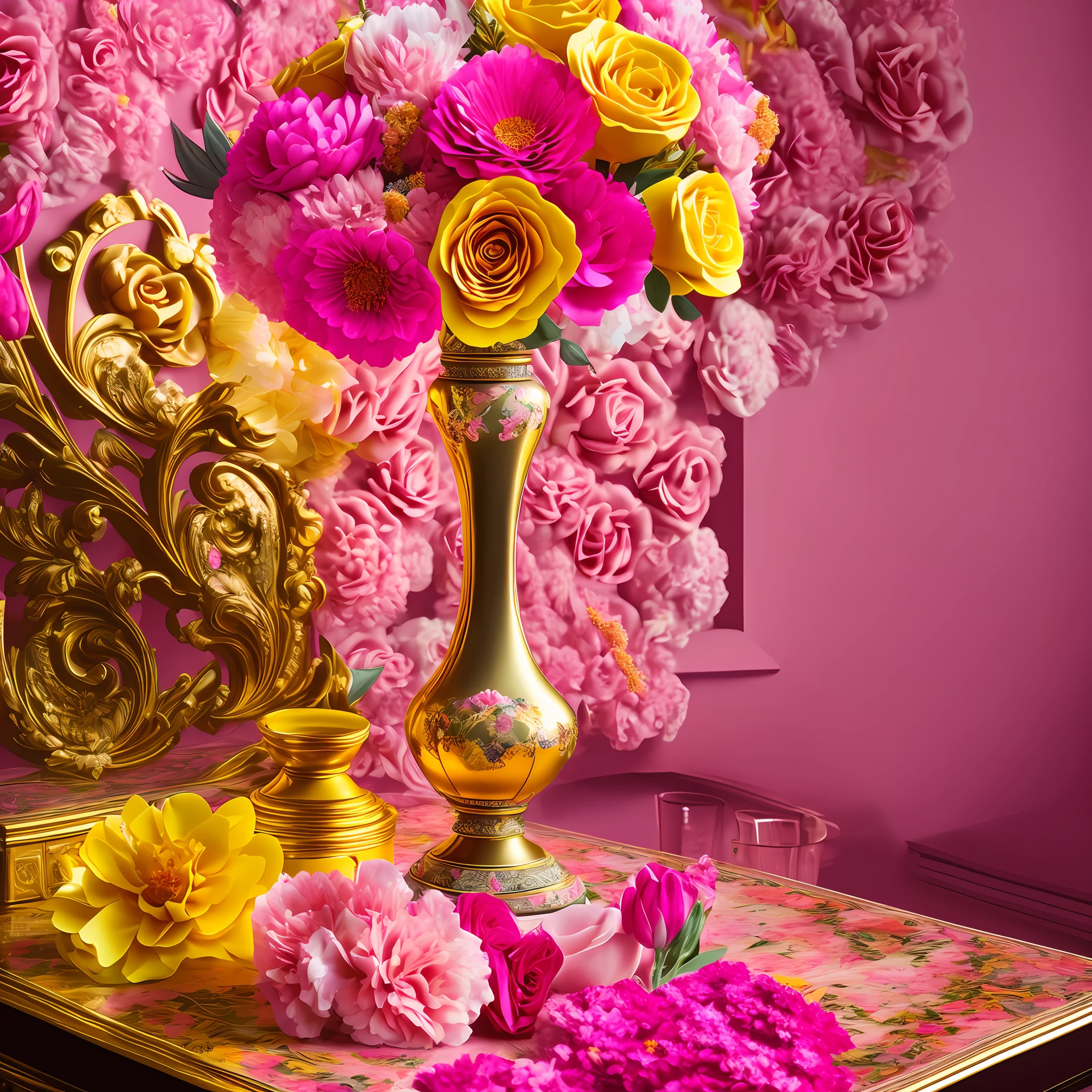 (Floral Art Association + Baroque), (pink + yellow) vase on the table, flowers, meticulous, dreamy, Baroque elements, neon light, extreme. --auto --s2