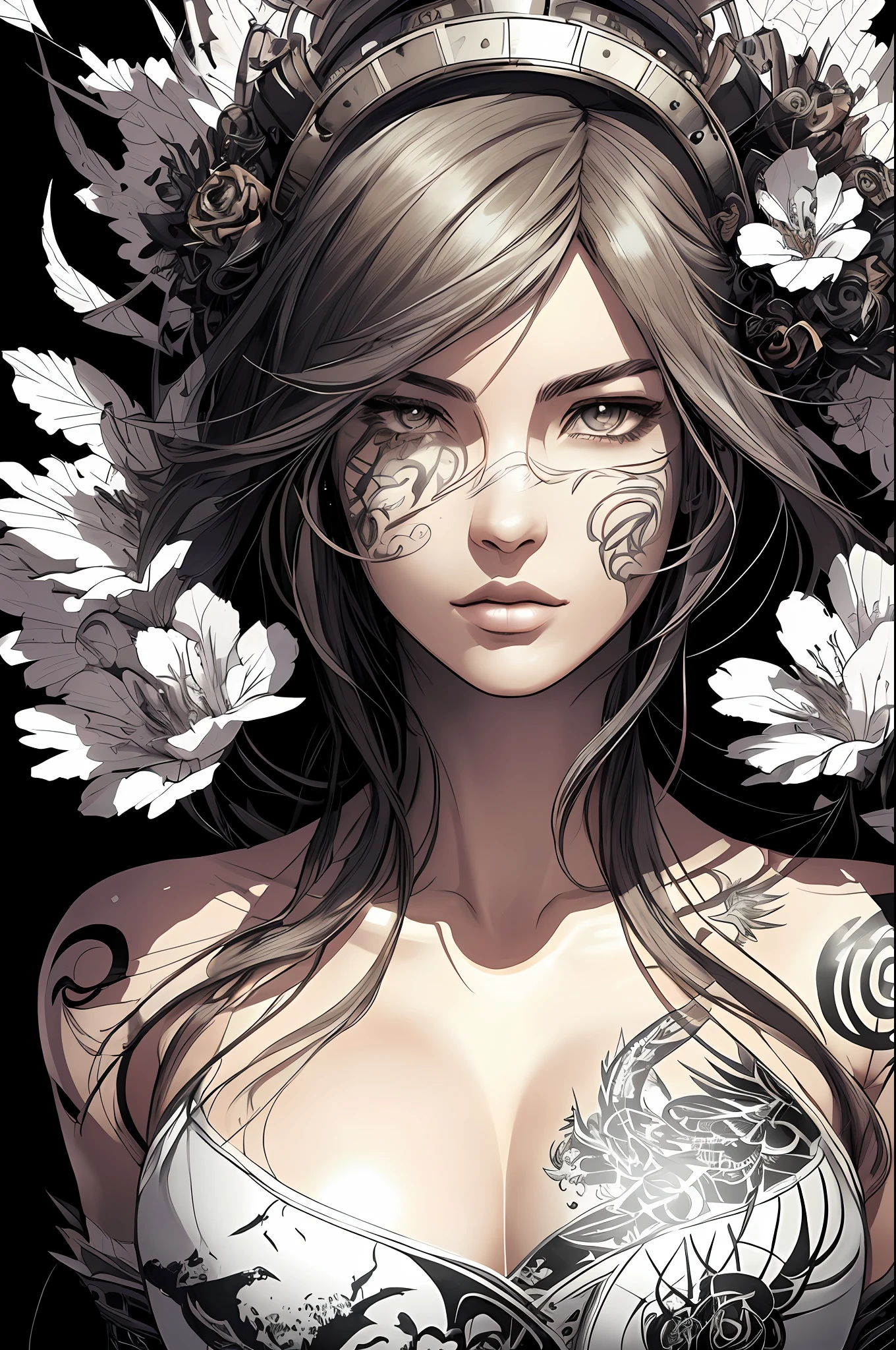 a realist cute habbit in love, freedom, soul, digital illustration, comic style, steampunk noir, perfect anatomy, centered, approaching perfection, dynamic, highly detailed, watercolor painting, artstation, concept art, smooth, sharp focus, illustration, art by Carne Griffiths and Wadim Kashin :: comix style ryuko hikari ::2.9 style ::2.0 comix illustration style ,digital illustration of beautiful female character in toh-yasu drawing style illustrator, anime style, body with futuristic tribal tattoo style designs in dragon shape, serious face and ultra detailed artwork, graffiti style destroyed city scenery with camera focus, (beautiful and clear background:1.2),,((sofía vergara beautiful woman )), ( detailed eyes and detailed face:1.3), (t-shirt or dress:1.3), (beautiful and clear background:1.2), (extremely detailed, ultra-detailed, best shadow:1.1),bare shoulders, flowers and petals, , (white background:0.5), (illustration :1.1), (extremely fine and beautiful girl:1.1), (perfect details:1.1)