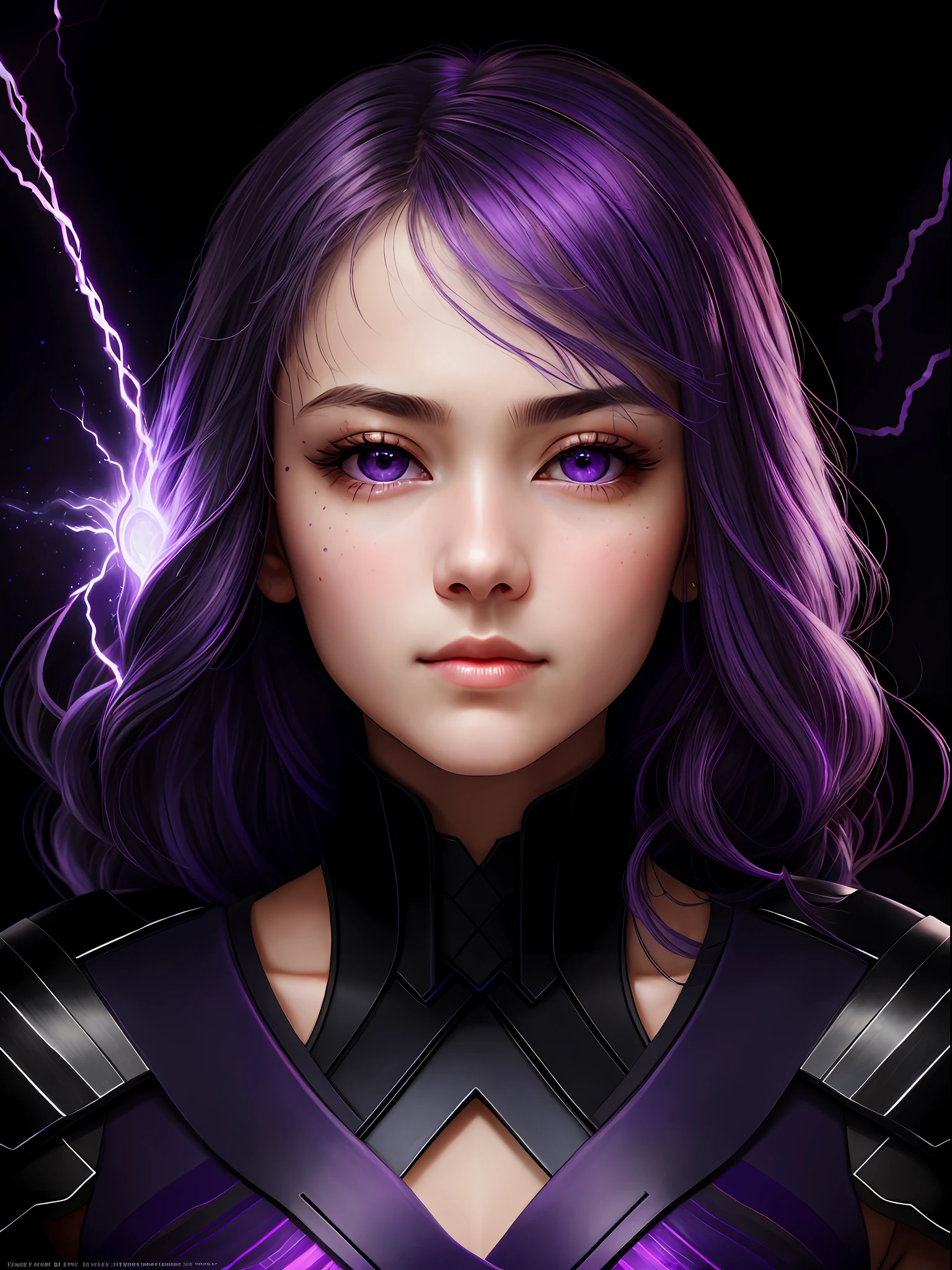 Raiden Shougn, oil painting by Leonardo da Vinci, realistic photography, closeup face with purple hair, her eyes are sweet and vibrant, her face is symmetrical, silky peach skin, soft torch luminosity on the face by REMBRADT, Adobe Illustration, Trending on Artstation, 8K, hd, cinematic, masterpiece, magnificent art, best quality, purple eyes , glowing eyes, purple lighting lines background