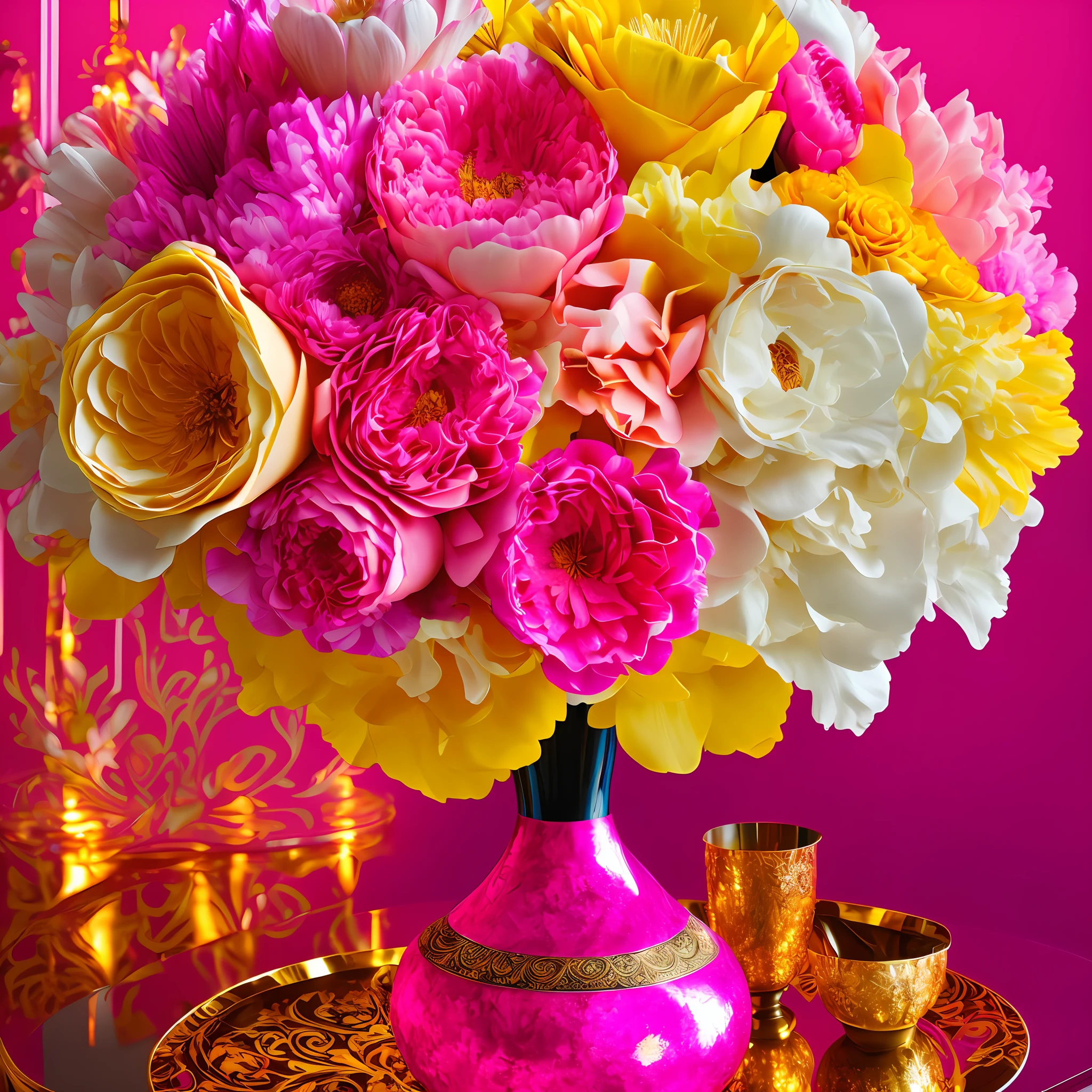 (Floral Art Association + Baroque), (pink + yellow) vase on the table, flowers, meticulous, dreamy, Baroque elements, neon light, extreme. --auto --s2