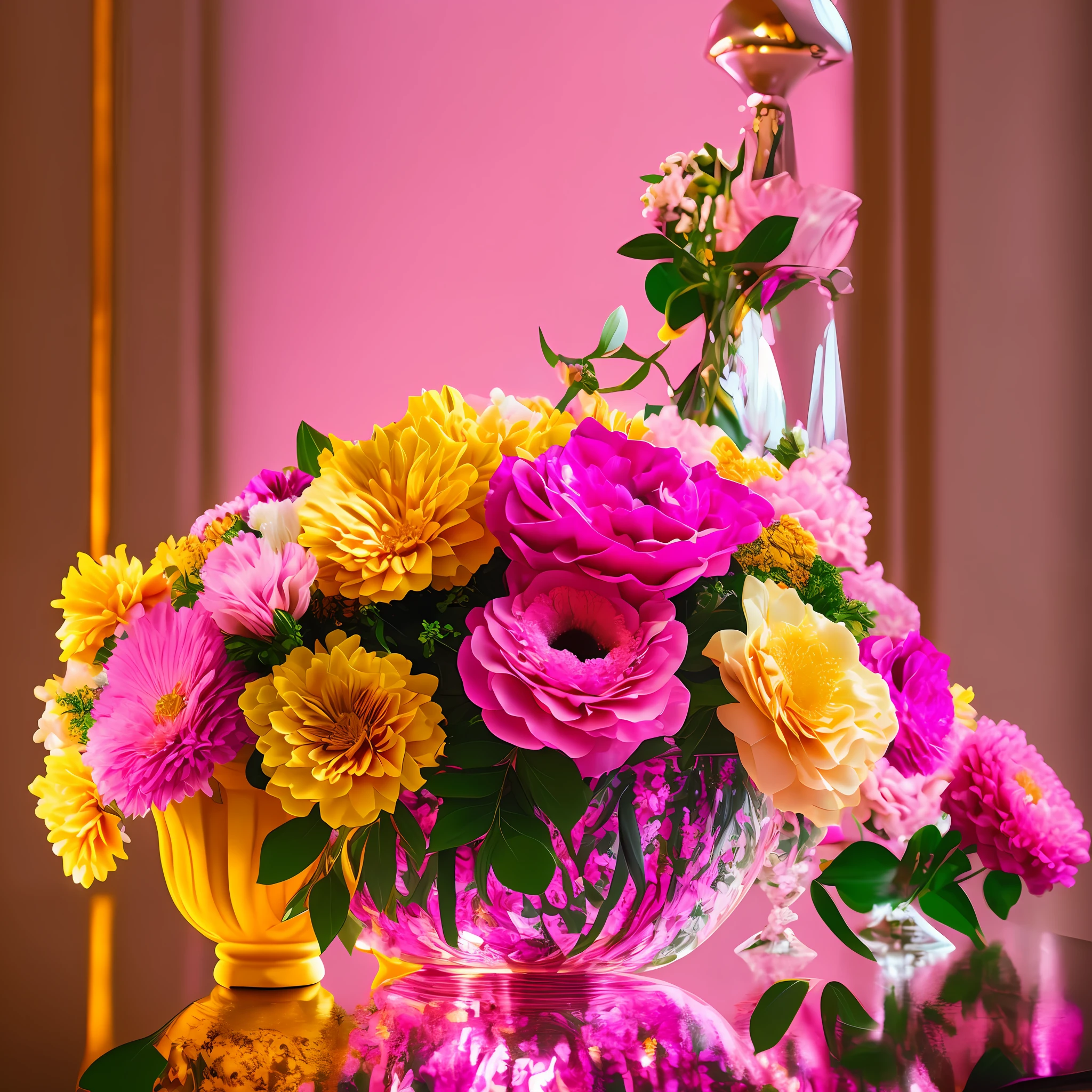 (Floral Art Association + Baroque), (pink + yellow) vase on the table, flowers, meticulous, dreamy, Baroque elements, neon light, extreme. --auto --s2