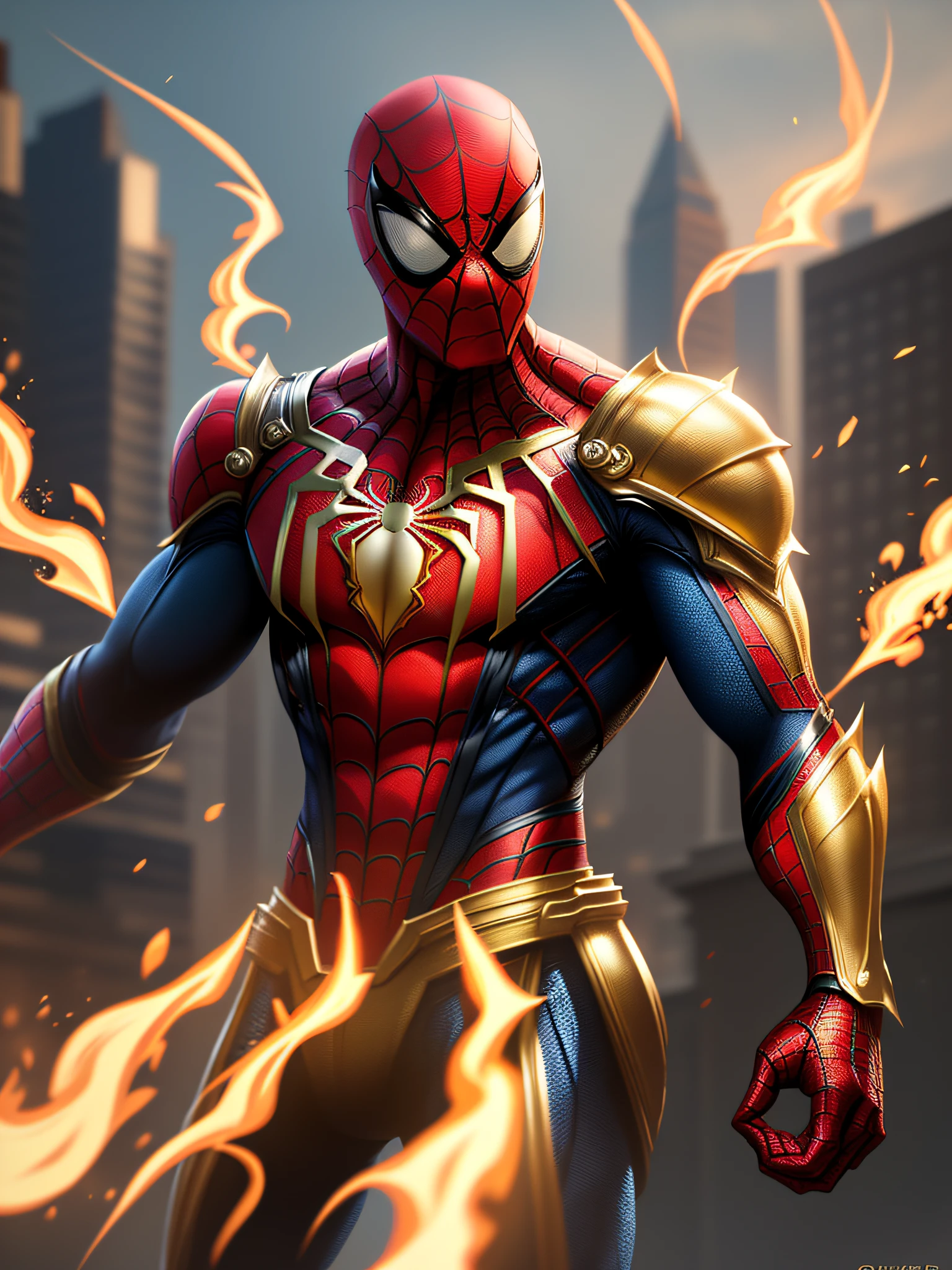 spider man, with gold armor, with fire web(high quality and realism) 4k extremely detailed, ULTRA REALISTIC, ABSURD SHARPNESS,