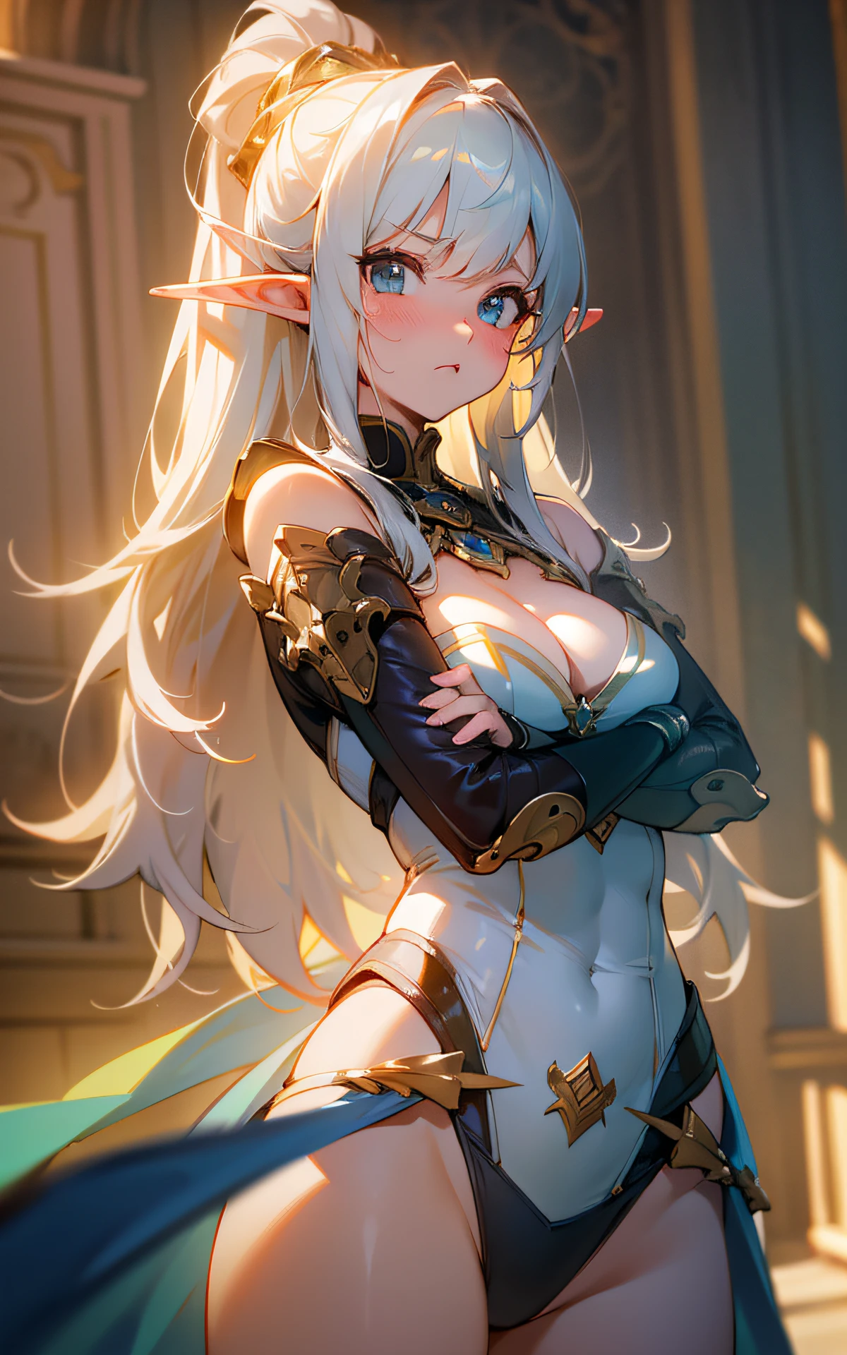 (Original Character、Unity 16K Wallpaper, Masterpiece, Best Quality, Ultra-Detailed, Extremely Detailed CG, Caustics, Cinematic Lighting, Detailed, Beautiful Detailed Eyes, solo), Ultra High Resolution, fine skin, (elf, curby), (strong light)、((brighten the subject)),outdoors,cleavage,bikini armor、blush angry,cowboy shot,Mysterious,palace,from behind、stare at the camera、crossed arms