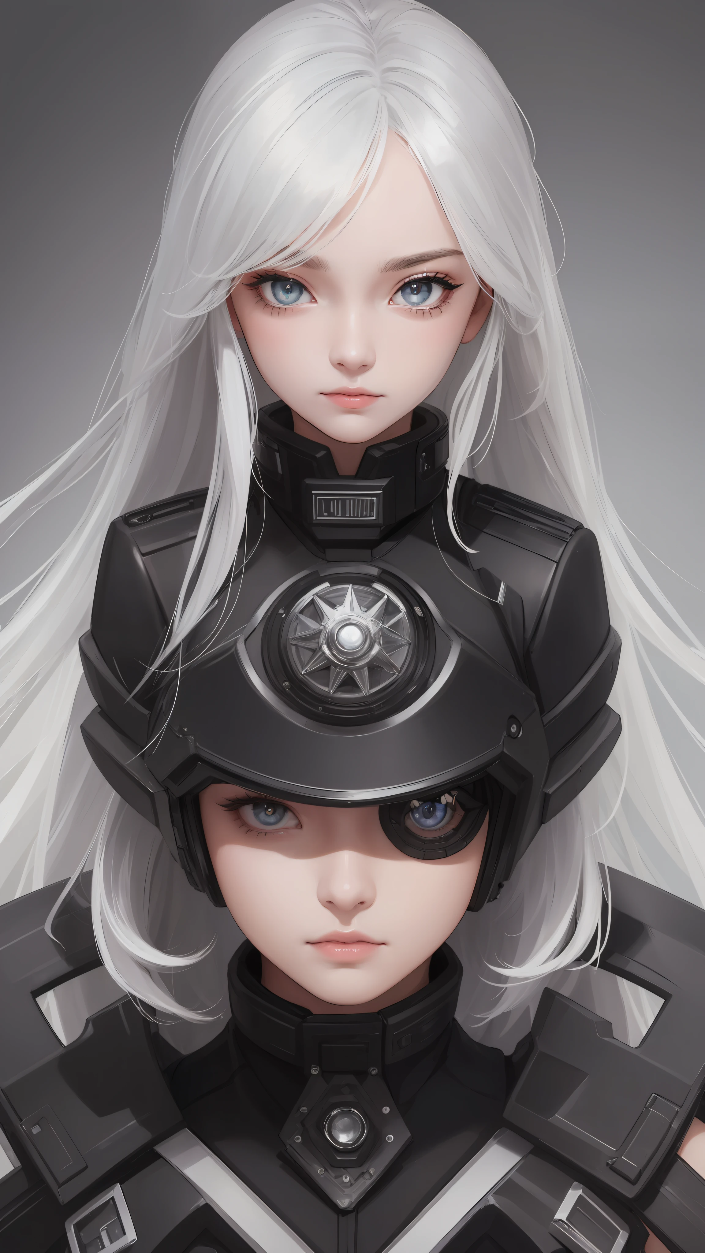 ((high quality, masterpiece:1.4)), 1girl, upper body, cyberpunk, black techwear, black gloves, white hair, japanese girl, symmetrical face, symmetrical eyes, looking at viewer, grey eyes, pretty face, beautiful face, beautiful eyes, beautiful girl, pretty girl, perfect facial shape, absurdres, realistic proportions, dynamic pose, high details, intricate, intricate details, realistic eyes, realistic eye proportions, sharp focus, 32k, realistic lighting, extreme details, realistic pupils, realistic proportion eyes, realistic proportions pupils, realistic shadows,