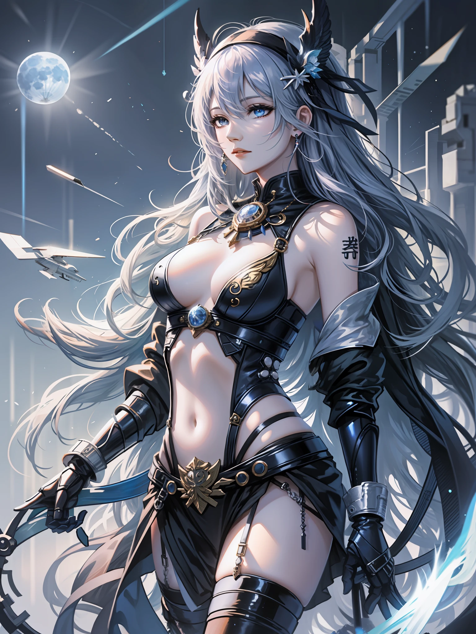 Female god of the moon, blue, black, white, high-quality, hot, bushing, anime