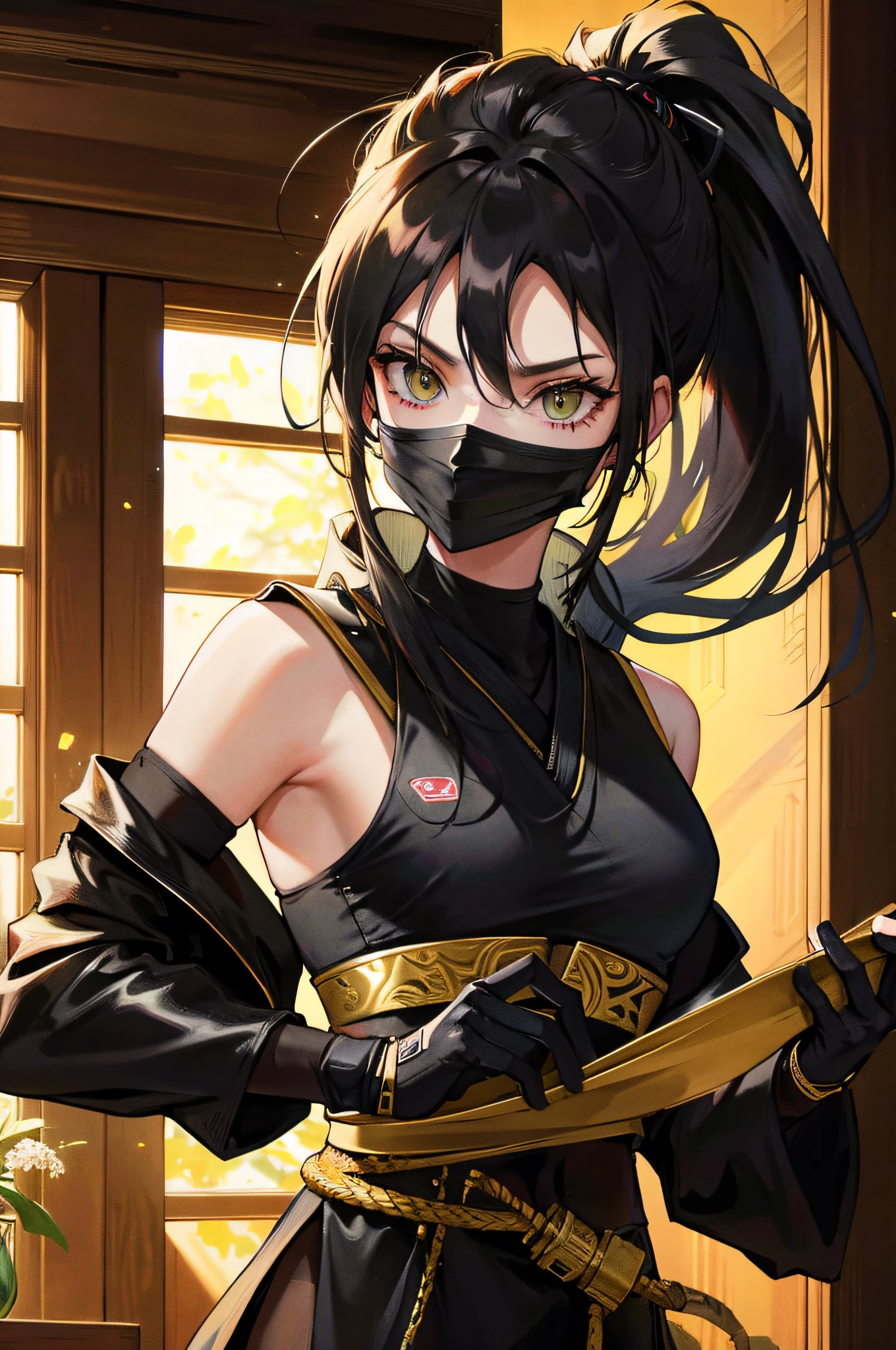 Ninja, ponytail, black mask, ancient interior. , fine details, high resolution, wallpaper, golden hour
