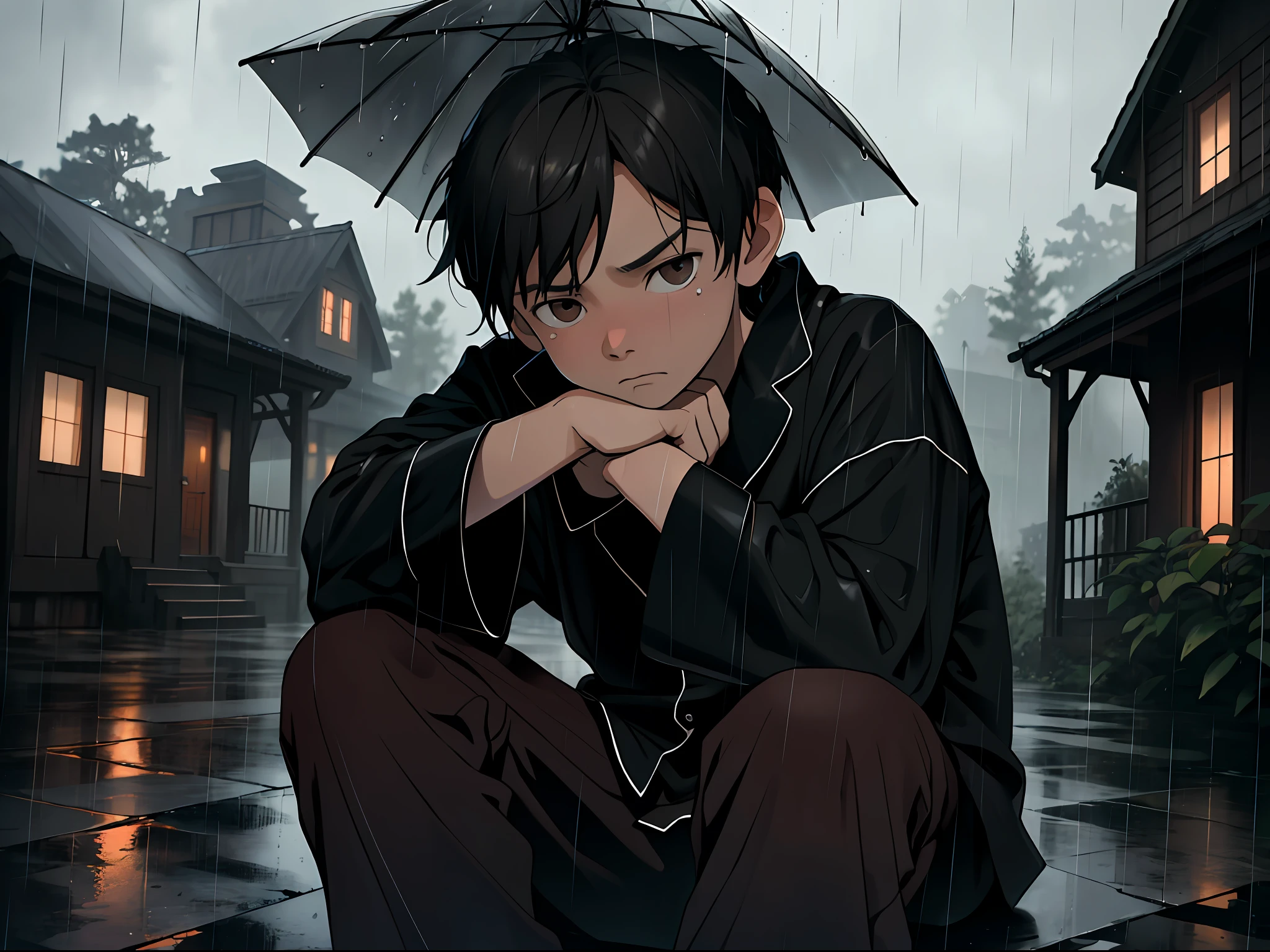Cinematic texture, masterpiece, exquisite, 8k resolution, super detailed, high quality, dark night, solo, a boy, 10 years old, sad, pajamas, clear expression, delicate facial features, bright black eyes, wooden house, rain, raindrops are large, sitting in the rain, far shot