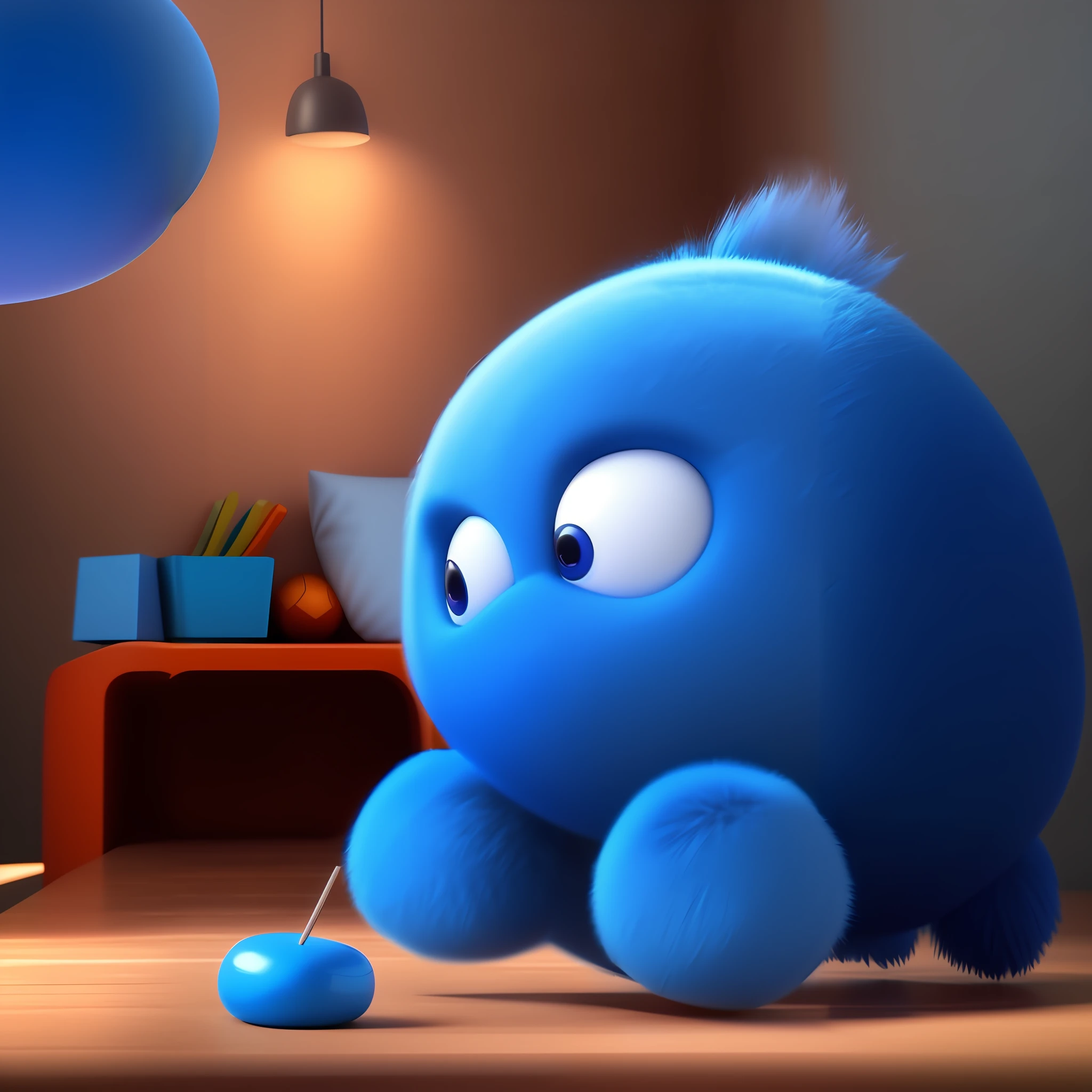 a close up of a blue stuffed animal near a blue ball, pixar. octane render, pixar 3 d animation style, pixar octane render, pixar renderman render, pouty look :: octane render, pixar 3d render, cute 3 d render, cute pixar character, blue realistic 3 d render, rendered in sfm, pixar render, render in pixar