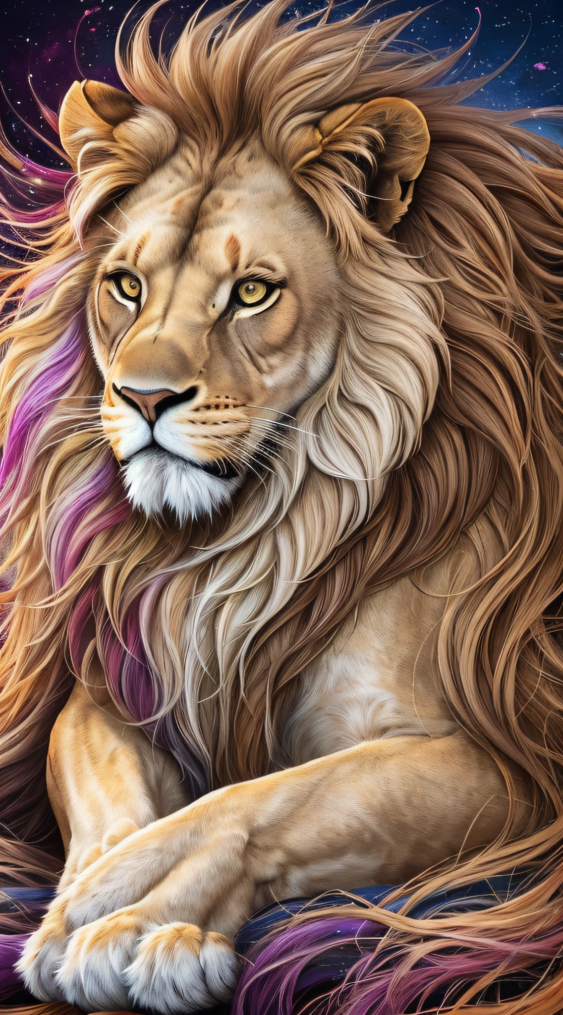 A detailed image of a majestic lion, depicted full-length in an artistic mix of fading paints. His fluttering mane and imposing expression are captured with precision, while the colors meld smoothly, creating a charming and mesmerizing visual effect --auto --s2