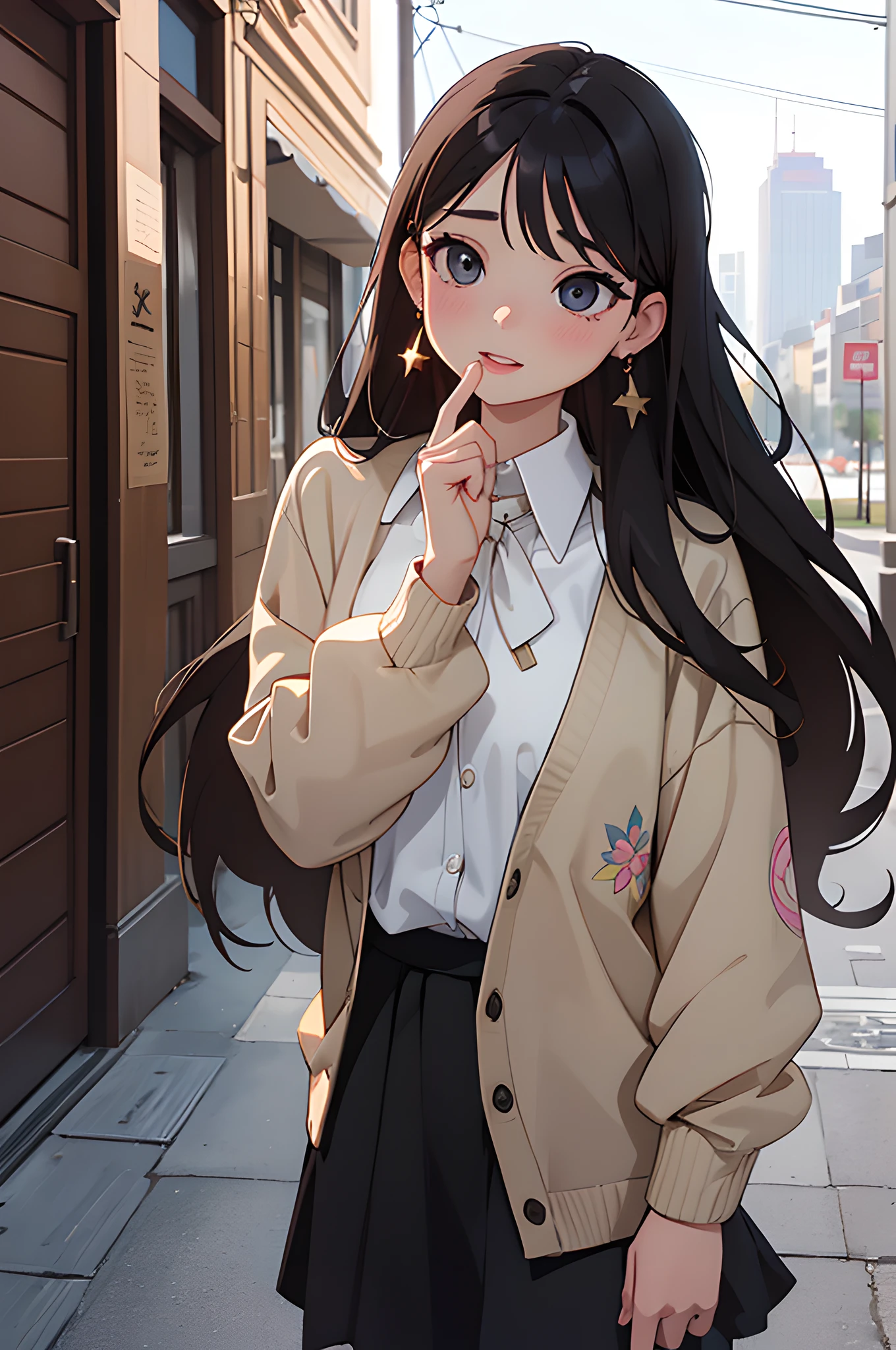 (masterpiece), (portrait), (aesthetic), (beautiful), (upper blody), (high quality), (aesthetic clothings), (professional angle), (rule of thirds), (Feminine), (woman), (female), (beautiful),(feminine features), (25 years), solo, 1 woman, (attractive Chilean), ((Chilena)), Spring, Soft light, (Standing), Natural Makeup, (Medium bust), (), (Front face), (Joyful expression), ((Playful Mood)), Earrings, ((Long hair)), (Black hair), (Straight hair), (Silky hair), Glossy shine hair, (Hairpin in hair), (Brown eyes), (Fresh look), (Fair skin), (Floral clothing), (Blouse), (Cardigan), (Skirt), Sweetheart neckline), ((Santiago City background)), (Costanera Center in background), (Full Shot shot), beautiful hands, two hands, normal hands, two arms, complete hands, beautiful body, beautiful fingers, normal fingers, five fingers, five fingers, (Thumb index meddle ring little fingers), beautiful ears, normal ears, beautiful eyes, shiny eyes, beautiful mouth, beautiful lips,