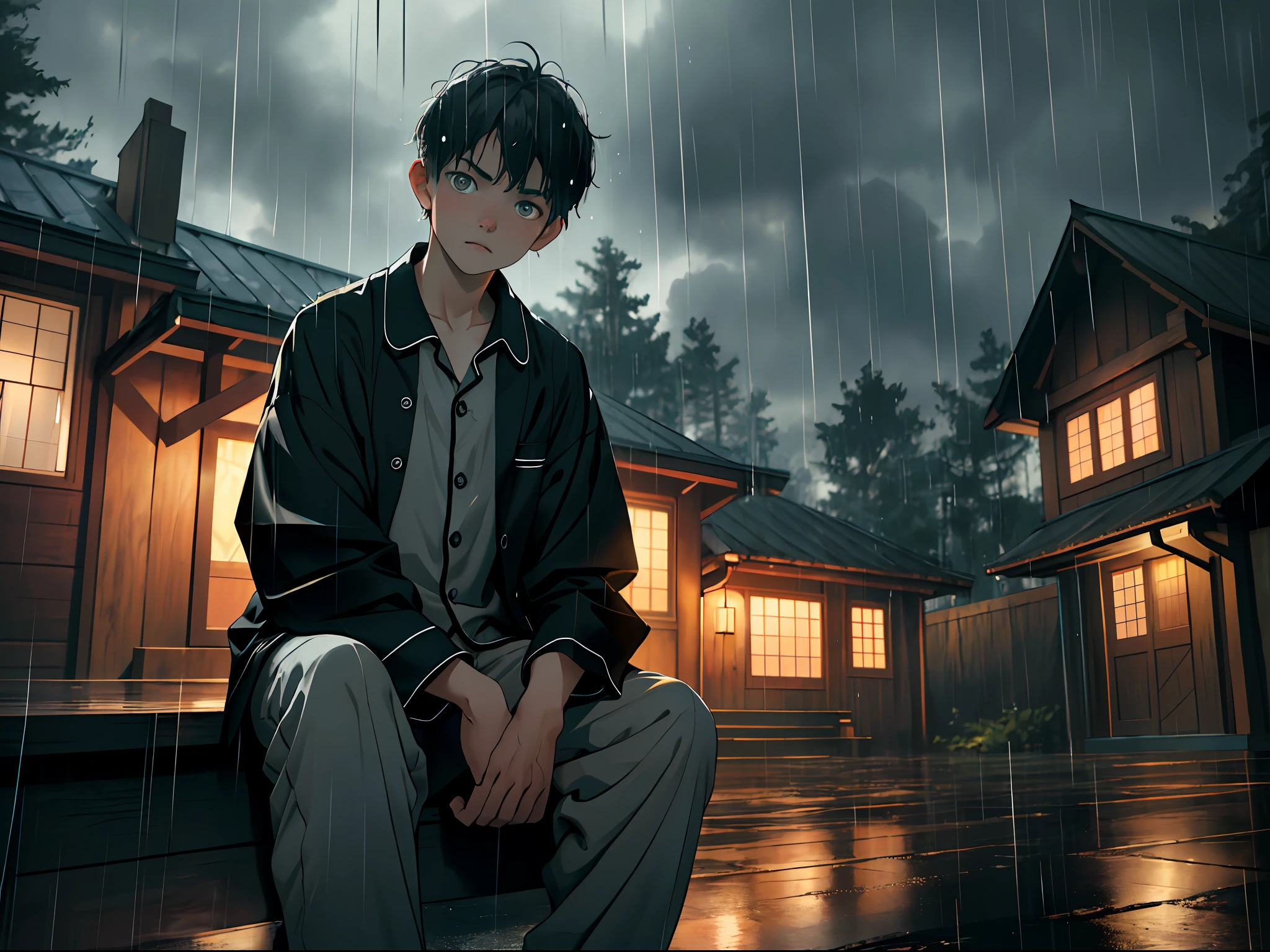 Cinematic texture, masterpiece, exquisite, 8k resolution, super detailed, high quality, dark night, solo, a boy, , sad, pajamas, clear expression, delicate facial features, bright eyes, wooden house, rain, raindrops are large, sitting in the rain, far shot