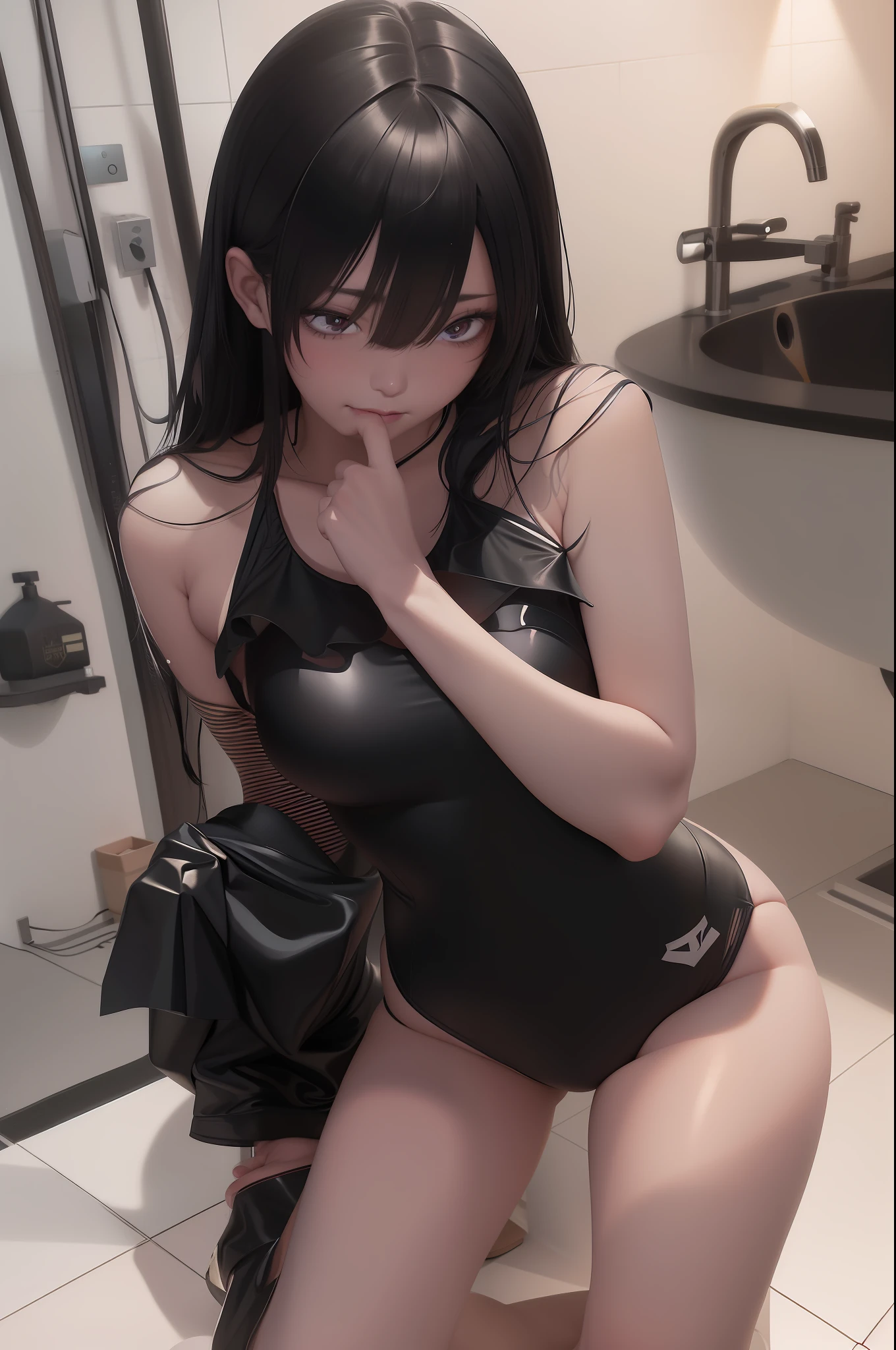 anime girl in a black swimsuit posing in a bathroom, seductive anime girl, is wearing a swimsuit, guweiz, extremely detailed artgerm, swimsuit, ilya kuvshinov. 4 k, beautiful anime girl squatting, artwork in the style of guweiz, wet swimsuit, at pixiv, guweiz on pixiv artstation, bathing suit