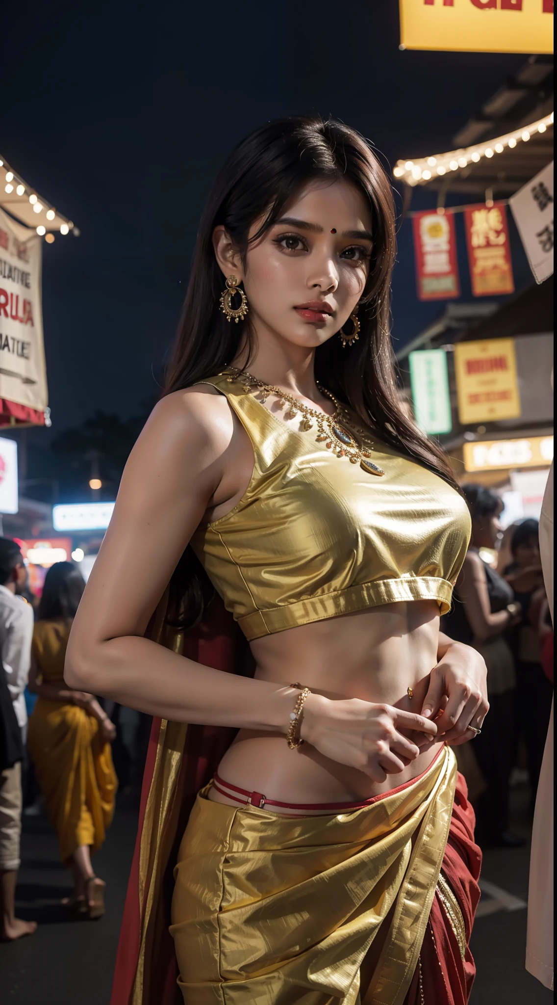 24-28 Years Old bollywood indian female fashion mode,brown skin,dressed Sari,Happy expression on face,at the night market,backlight, extremely realistic, 8k, insane details, intricate details, cinematic color graded,Color Grading, Editorial Photography, Photography,sharp focus, taken with a 60mm lens, ISO 300, f/4, 1/200th