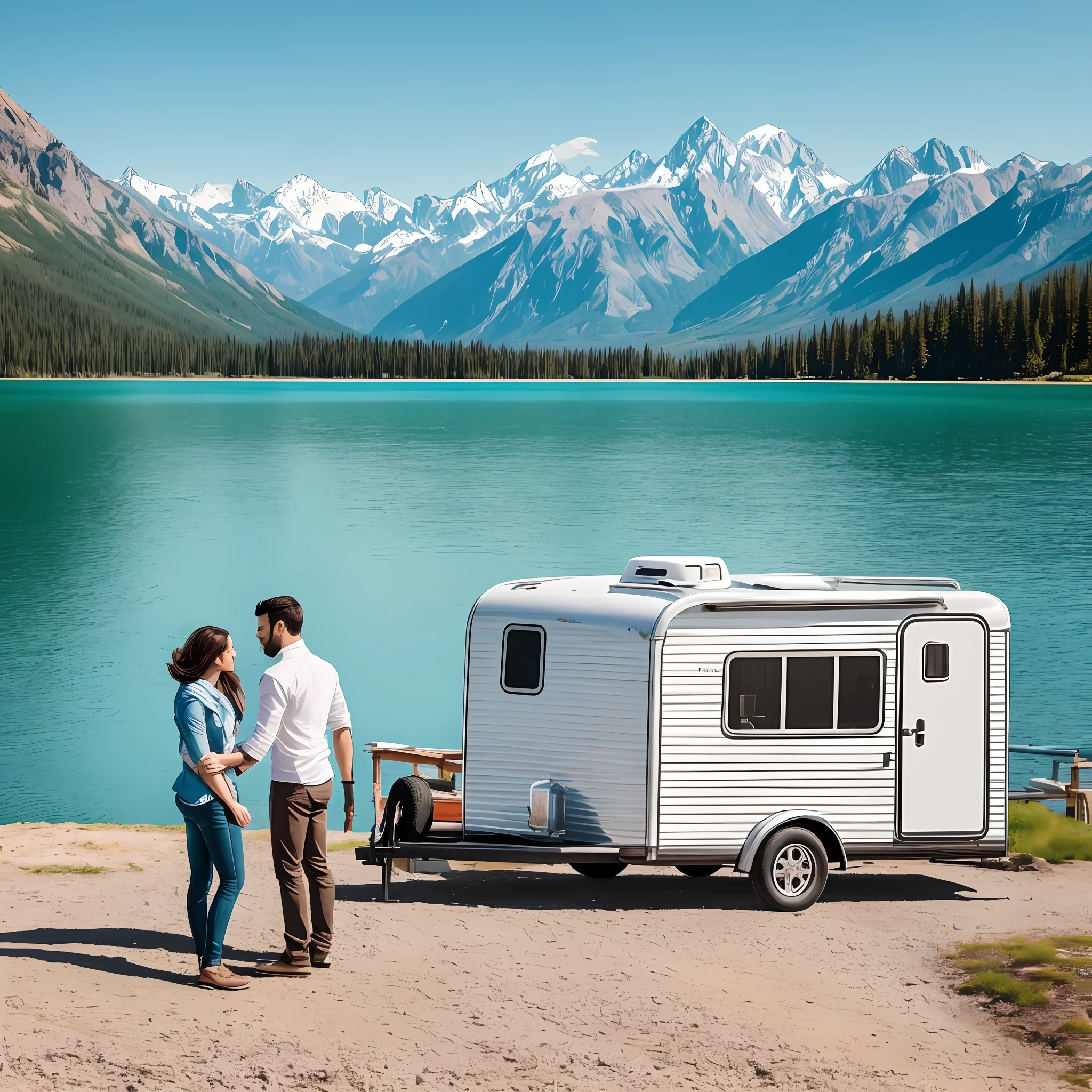 a couple with a trailer in front of a lake and mountains in the background --auto --s2