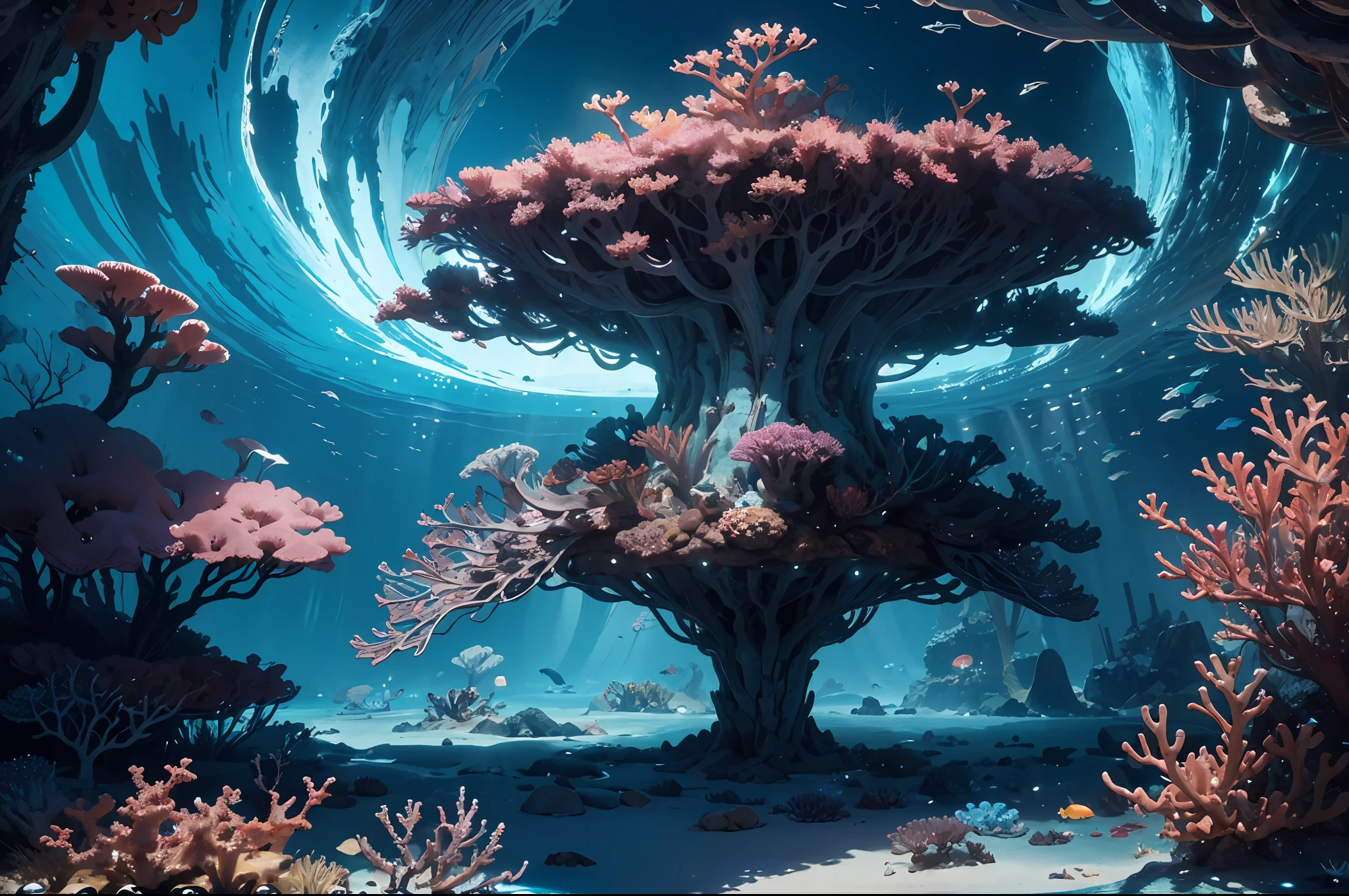 (exquisitely detailed CG unity 8k wallpaper, masterpiece-quality with stunning realism), (best illumination, best shadow), (best quality), a vast coral reef, colorful sea creatures, surrounded by glittering undersea plants, the fantasy world under the dark blue ocean, raytracing, ultra detailed environment (no human).