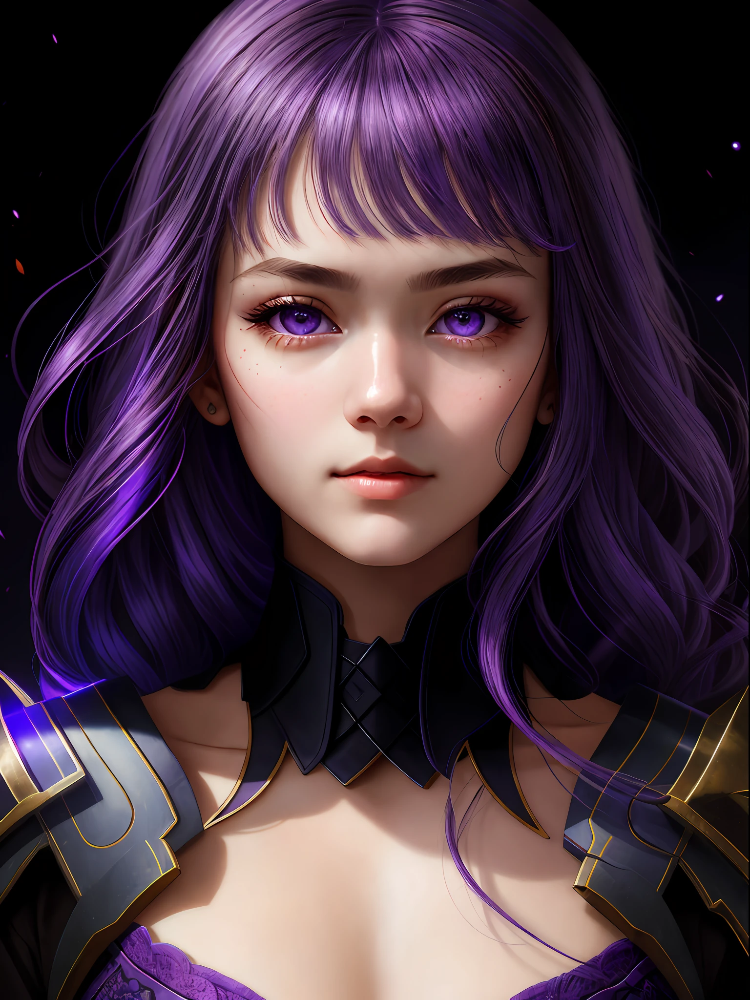 Raiden Shougn, oil painting by Leonardo da Vinci, realistic photography, closeup face with purple hair, her eyes are sweet and vibrant, her face is symmetrical, silky peach skin, soft torch luminosity on the face by REMBRADT, Adobe Illustration, Trending on Artstation, 8K, hd, cinematic, masterpiece, magnificent art, best quality, purple eyes , glowing light eyes, purple lighting lines background , dim light