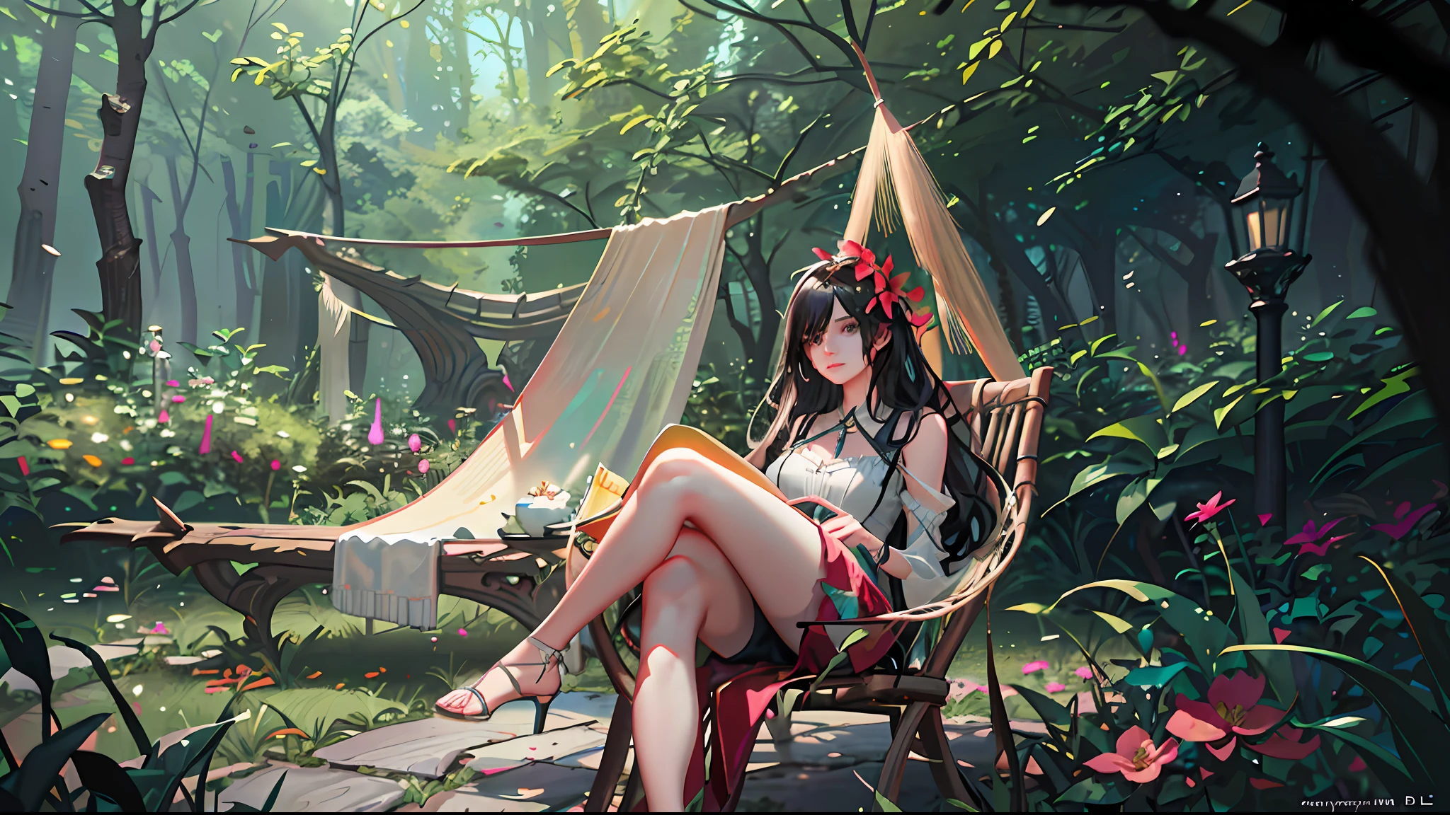 There is a woman sitting in a hammock in the garden, CGsociety, CGsociety competition winner!, fantasy style 8K octane rendering, CG society competition winner!, stunning CGsociety, CGsociety competition winner, CGsociety 8K, CGsociety 8K, Deviantart ArtStation CGScosiety, 🌺 (Octane Render) fantasy style, barelegs, sexy, delicate face, full face