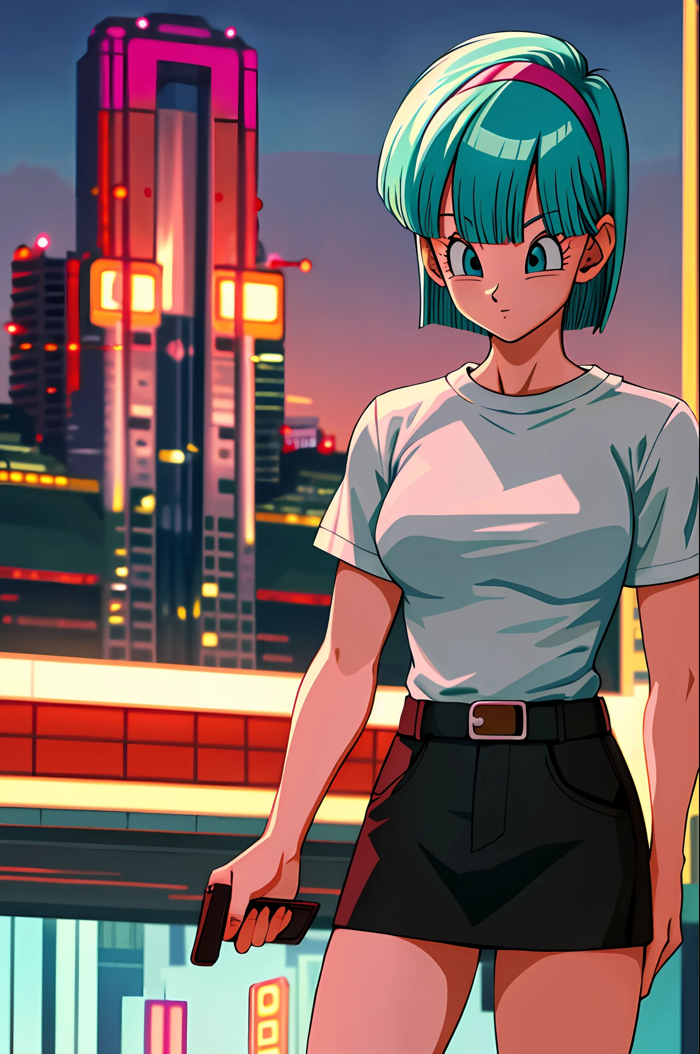 masterpiece, best quality, highres, dragon ball, blmmid, aqua hair, medium hair, blunt bangs, red hair band, medium breasts, white shirt, black skirt, cowboy shot, in a Cyberpunk city, bustling with neon signs, standing, upper body