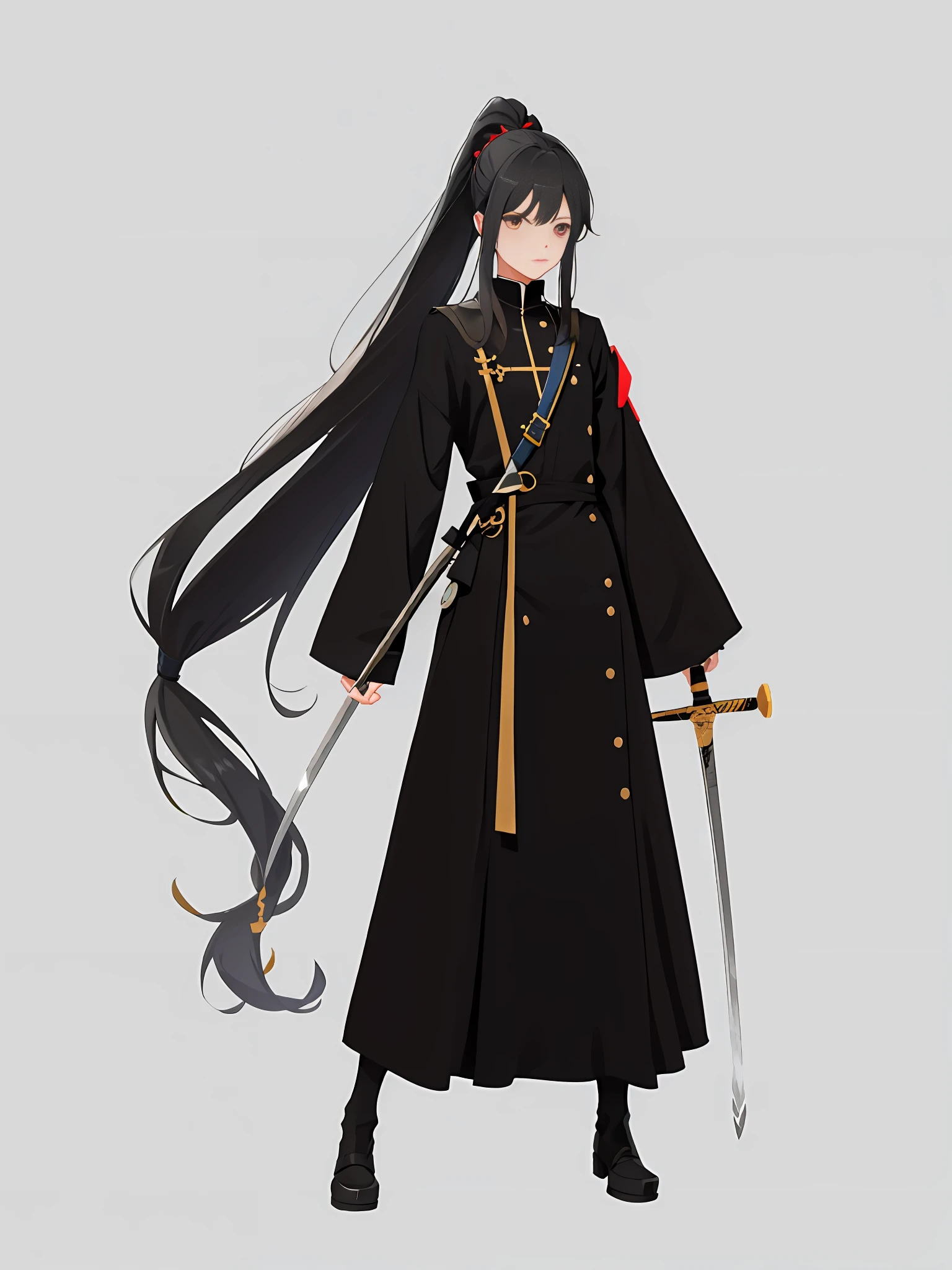 Long black hair, high ponytail, European rapier sword, black hair, black hair, bangs to one side, frontal, face biased to front, ponytail directly behind the head, --auto --s2