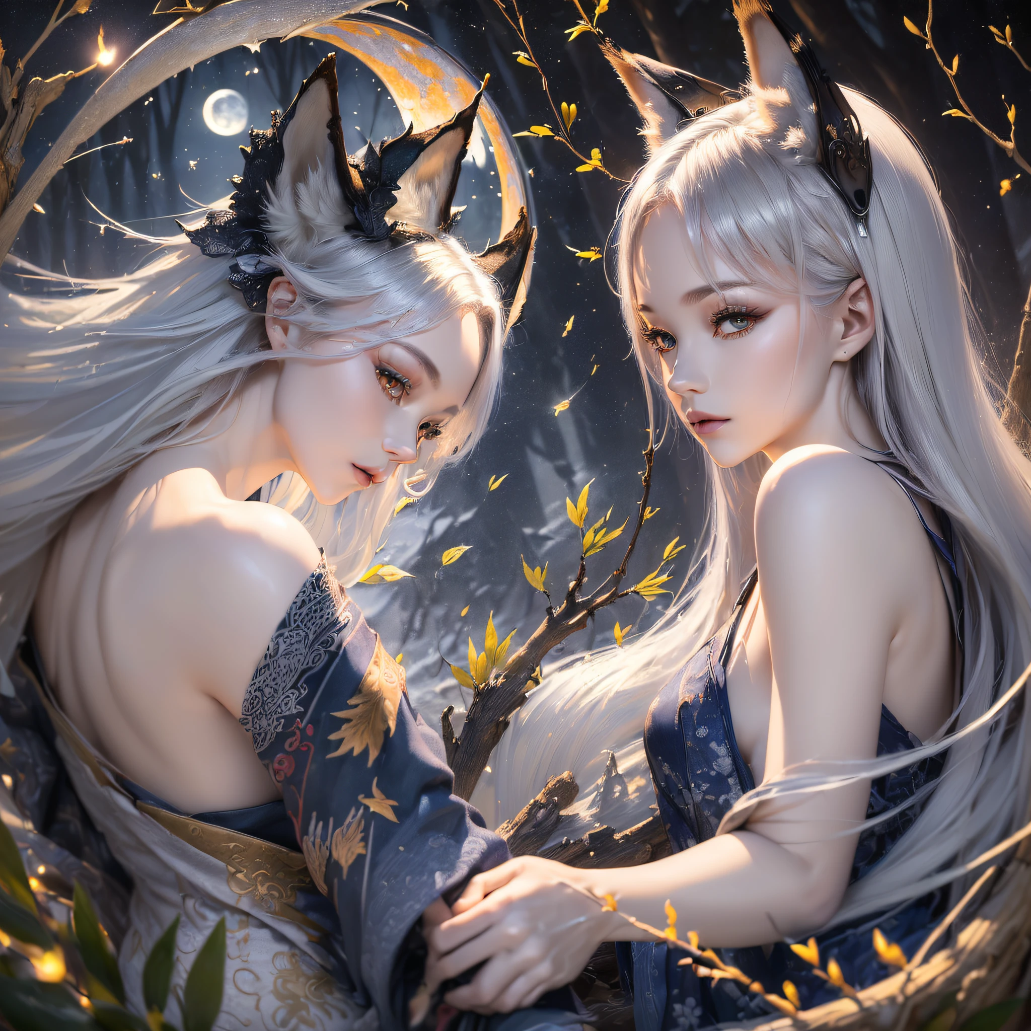 (((((Best quality, masterpiece))), Style: Ink style, Poetic), (Nine-tailed fox, silver hair, bright eyes, glimpse), (Night coming, moonlight pouring, moon hanging, pine branches, wild grass), the picture contains deep soul, showing mysterious poetry and moving beauty. ) --auto --s2