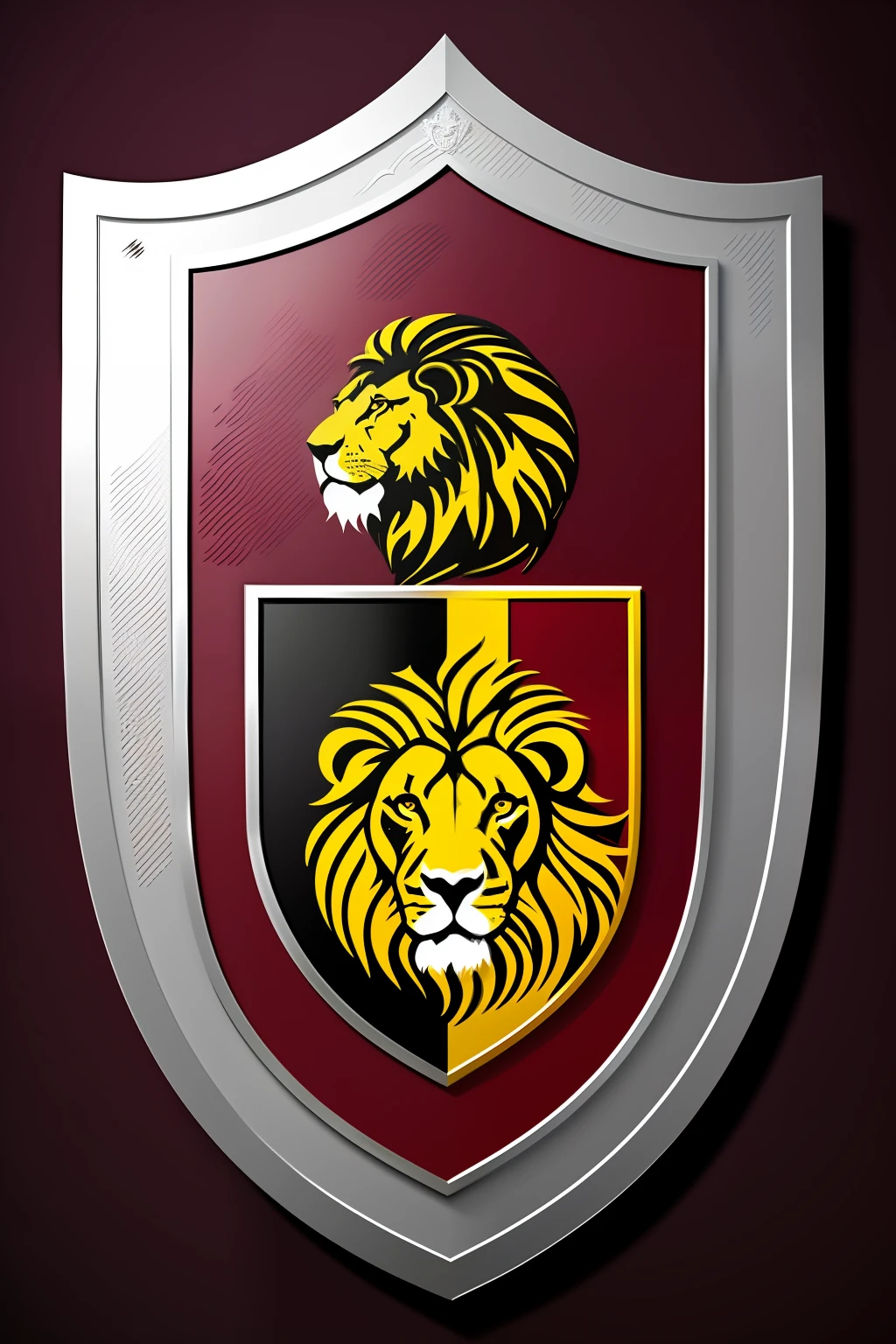 Create a football team shield with a lion, a sword and a shield, in burgundy, black and white colors