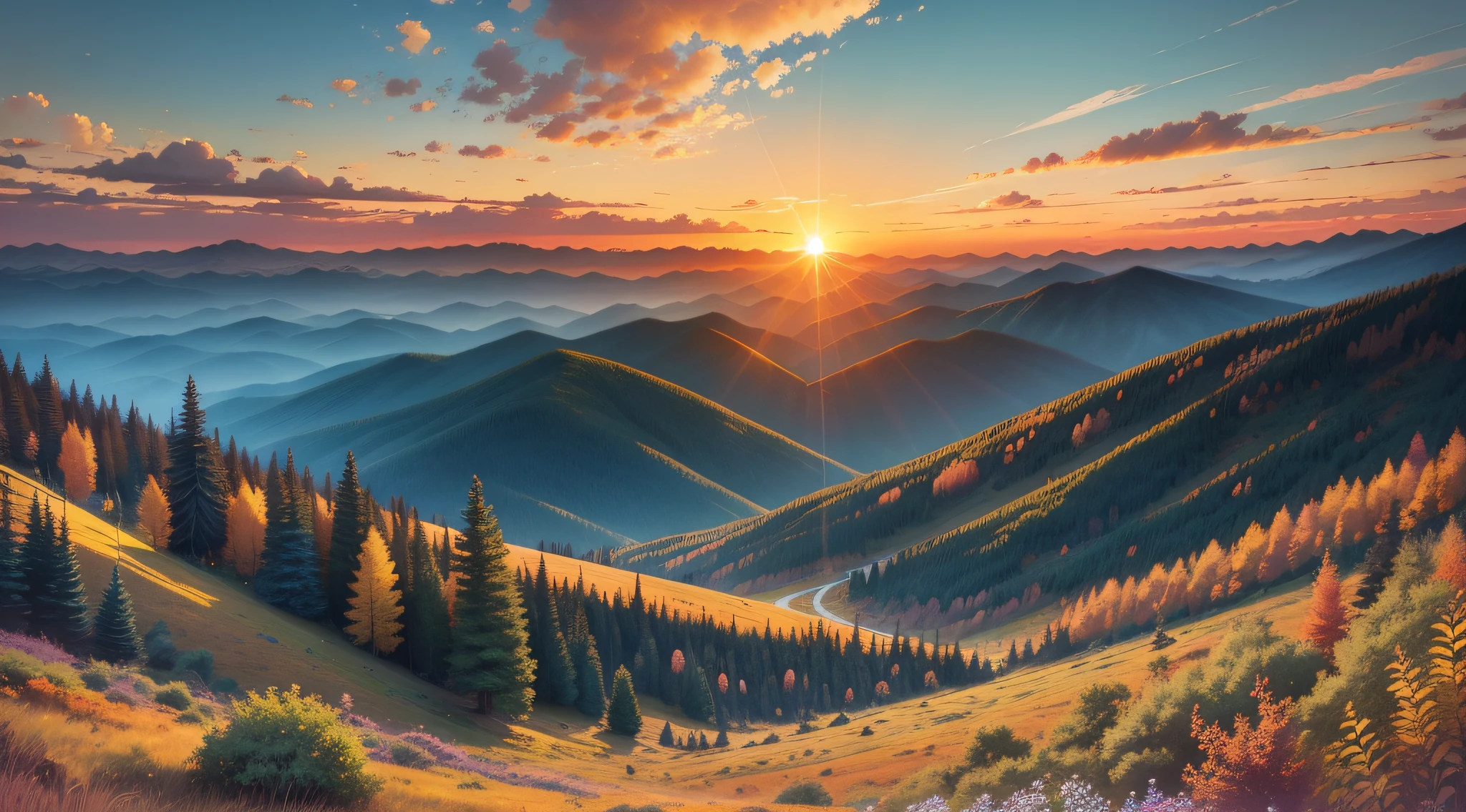 Mountains, sunsets, vegetation, vivid colors.