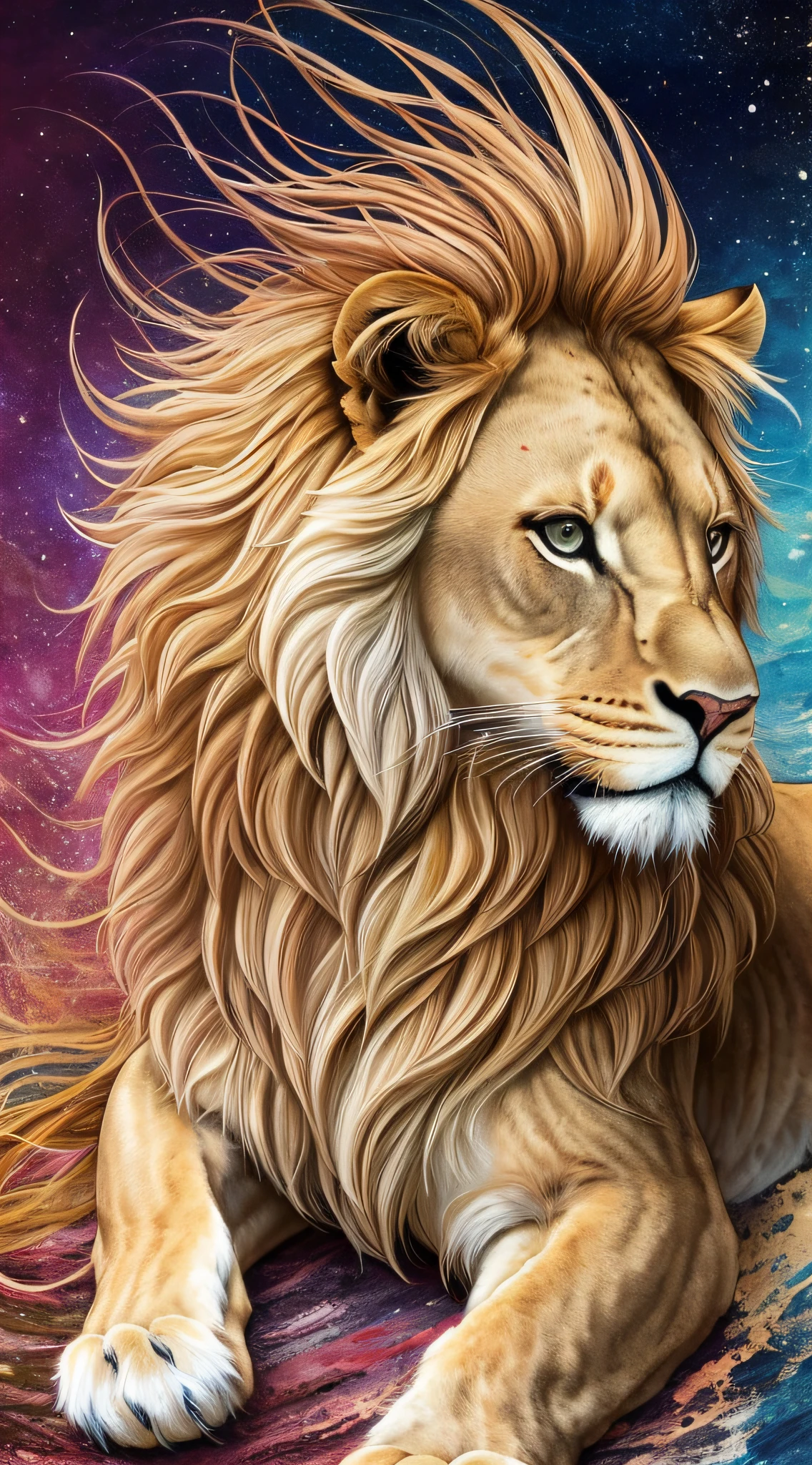 A detailed image of a majestic lion, depicted full-length in an artistic mix of fading paints. His fluttering mane and imposing expression are captured with precision, while the colors meld smoothly, creating a charming and mesmerizing visual effect --auto --s2