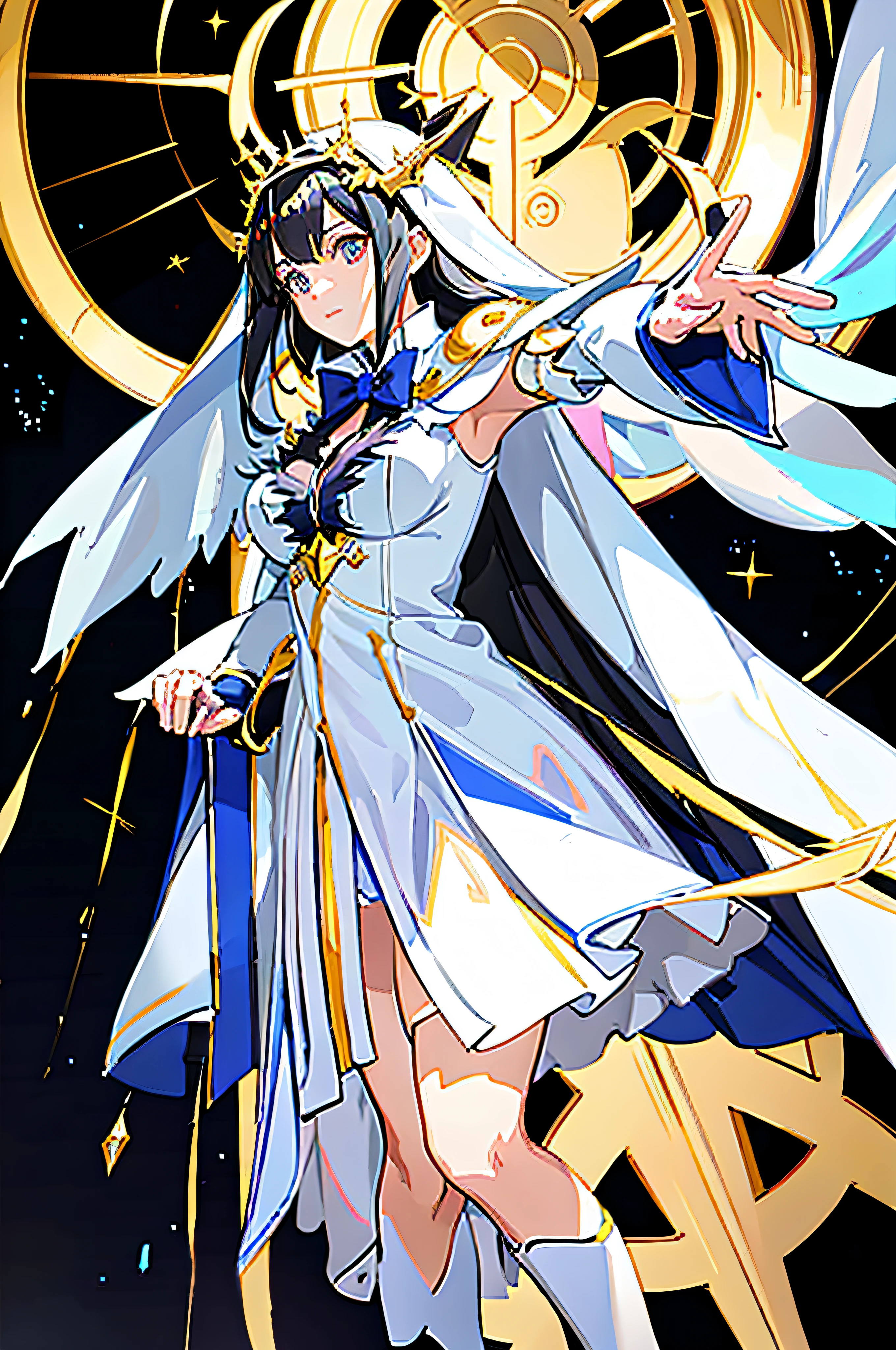 anime girl in white dress with cape and gold belt waving, hestia, anime visual of a cute girl, albedo from the anime overlord, dressed like a cleric, albedo from overlord, anime goddess, black - haired mage, cute anime waifu in a nice dress, anime moe artstyle, cleric, official artwork, azur lane style
