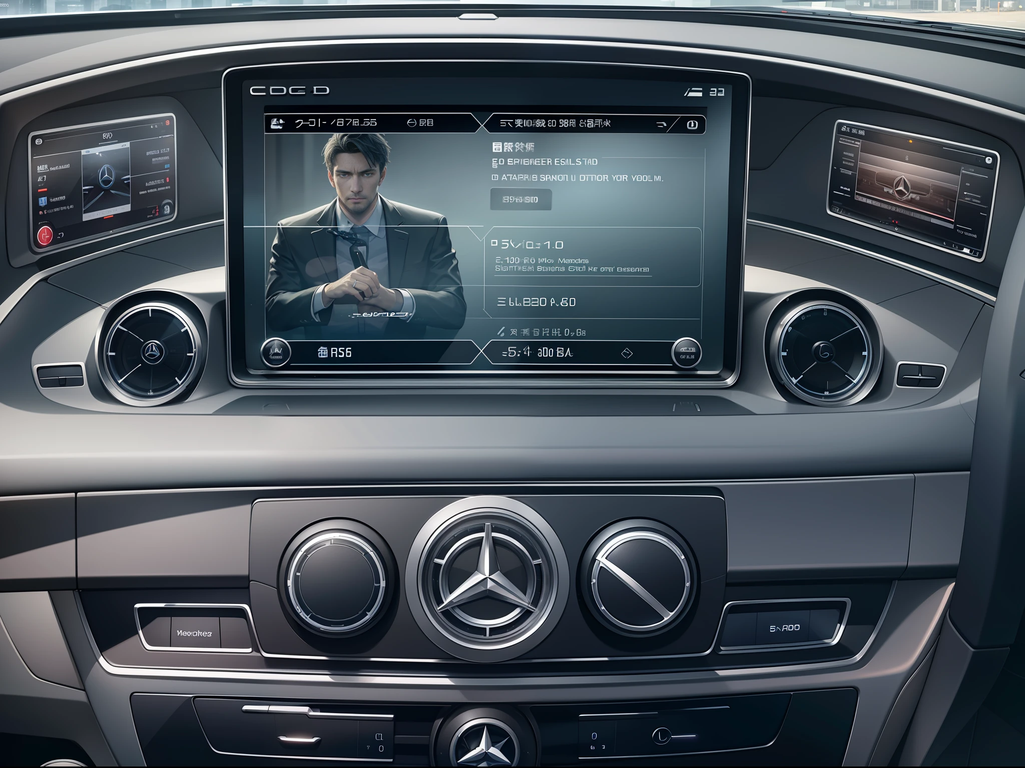 Description: A Mercedes-benz LCD dashboard interface, central control large screen navigation, high-tech, cool, stereo, sports, size 8000 * 8000, HD8K, surreal-s100-c100-v5.1