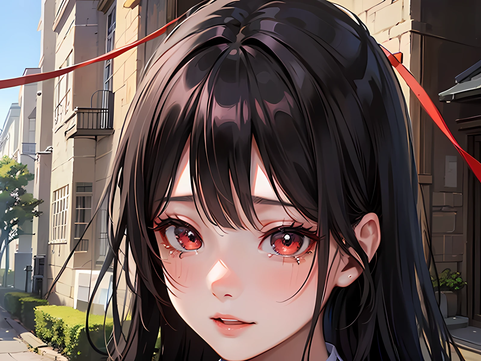 Anime girl with long black hair and red eyes in front of the building, crying girl, anime moe art style, smooth anime CG art, close-up of a young anime girl, anime vision of a cute girl, black anime pupils in her eyes, Ahe high face, slightly happy facial expression, perfect anime face, high detail face anime, close-up Iwakura Lane, anime CGI style