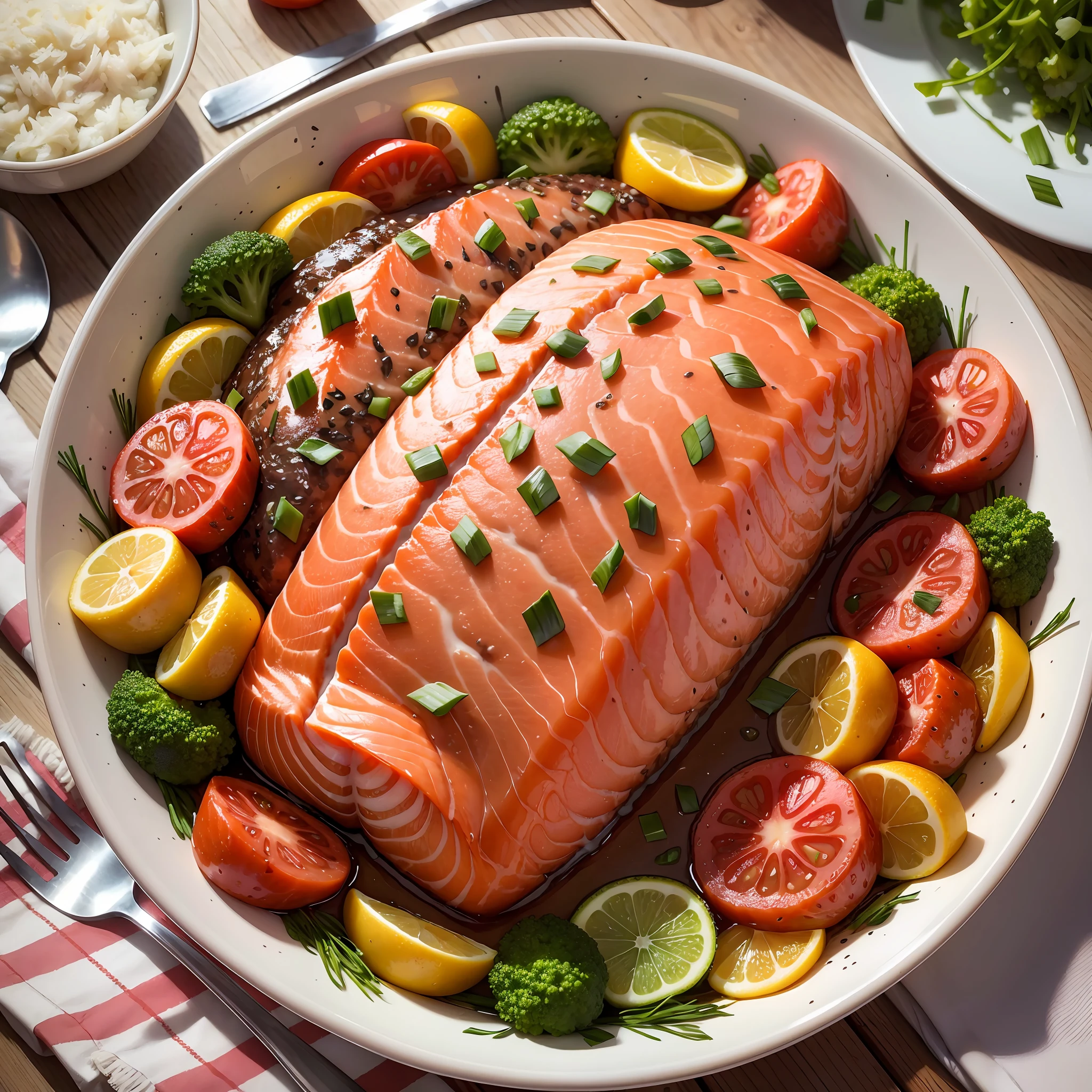 Super realistic image for facebook ads, assemble a super edible dish, with salmon, carrots, tomatoes, chia --auto --s2
